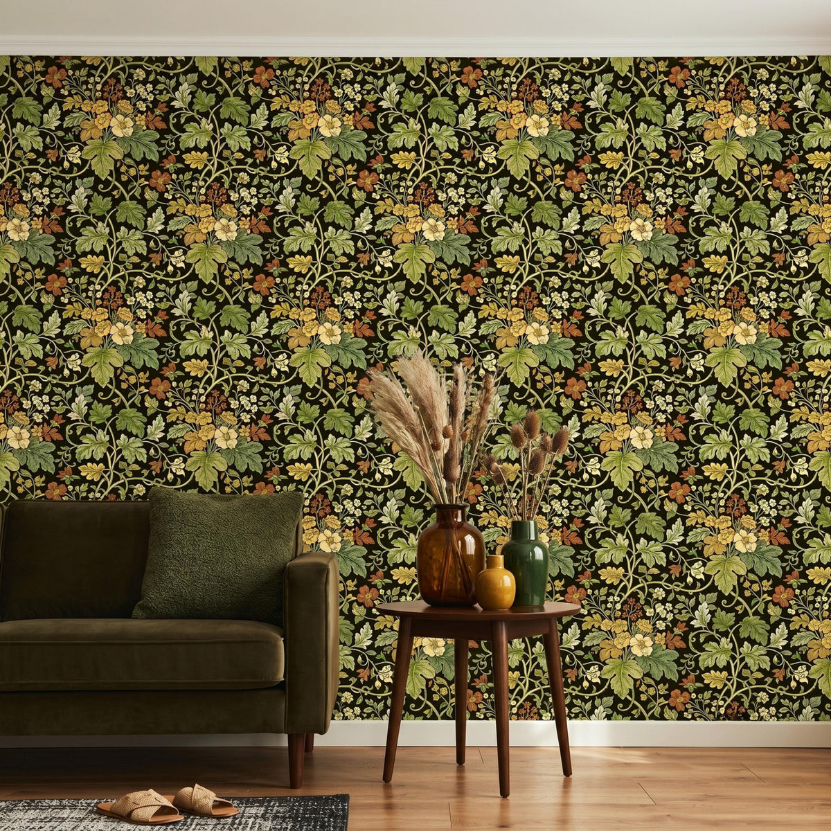 Dark Green William Morris Style Floral Wallpaper, Vintage Botanical Wall Decor, Maximalist Cottagecore Art, Moody Art Nouveau Pattern-WP0080