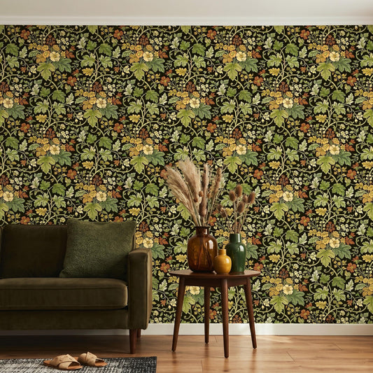 Dark Green William Morris Style Floral Wallpaper, Vintage Botanical Wall Decor, Maximalist Cottagecore Art, Moody Art Nouveau Pattern-WP0080
