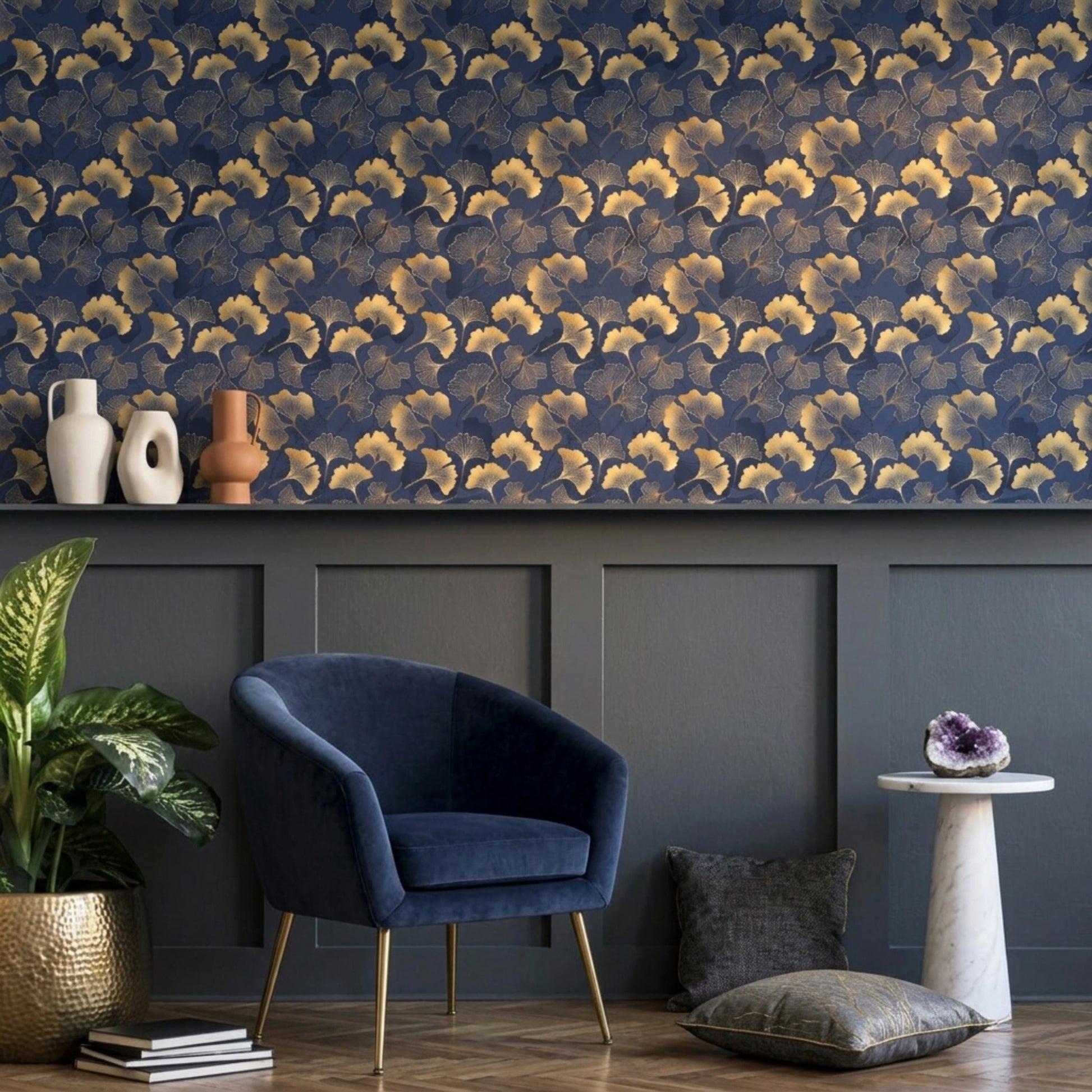 Navy Blue and Gold Art Deco Ginkgo Leaf Wallpaper, Japanese Oriental Wall Decor, Modern Peel and Stick Mural, Luxury Bedroom Accent-WP0081