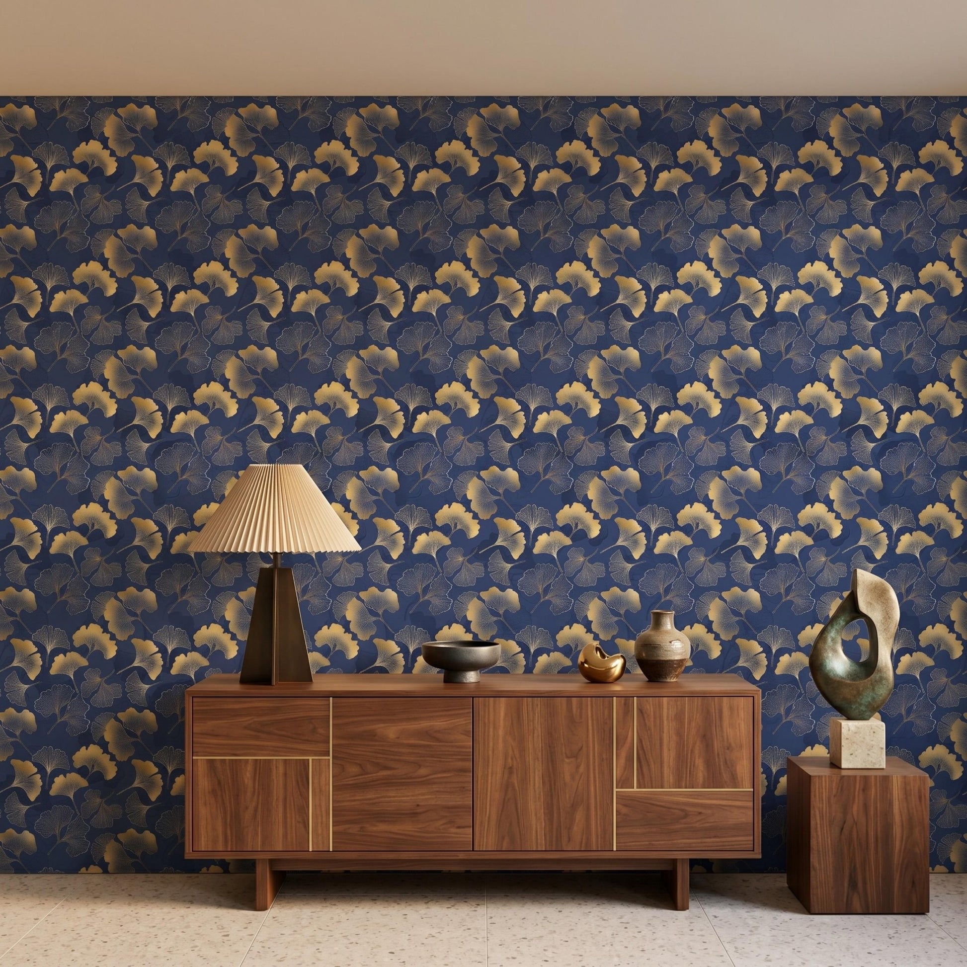 Navy Blue and Gold Art Deco Ginkgo Leaf Wallpaper, Japanese Oriental Wall Decor, Modern Peel and Stick Mural, Luxury Bedroom Accent-WP0081