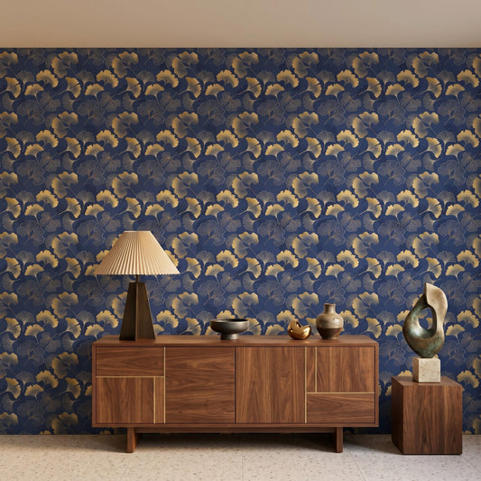 Navy Blue and Gold Art Deco Ginkgo Leaf Wallpaper, Japanese Oriental Wall Decor, Modern Peel and Stick Mural, Luxury Bedroom Accent-WP0081
