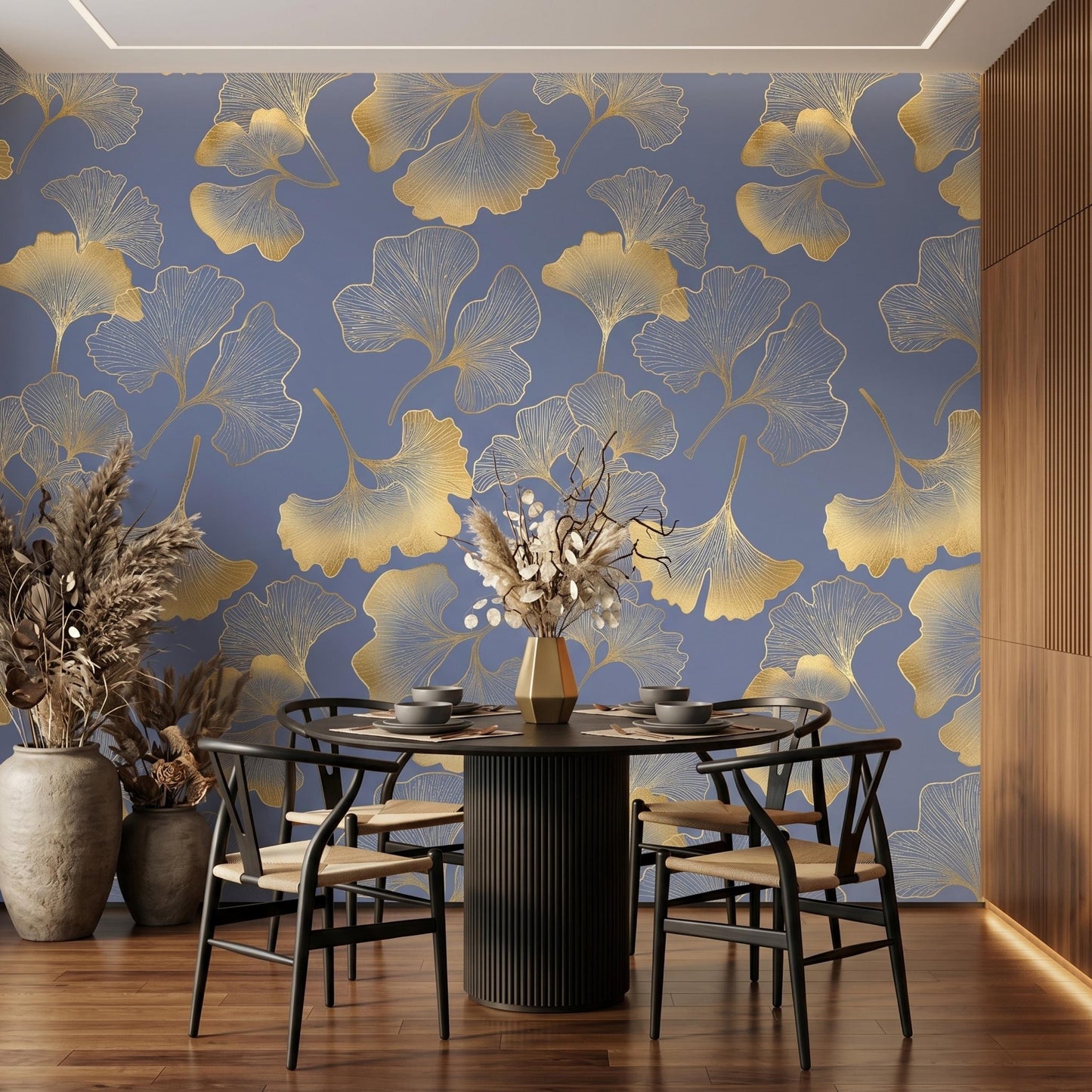 Blue Gold Ginkgo Wallpaper, Art Deco Botanical Wall Decor, Luxury Peel and Stick-WP0082