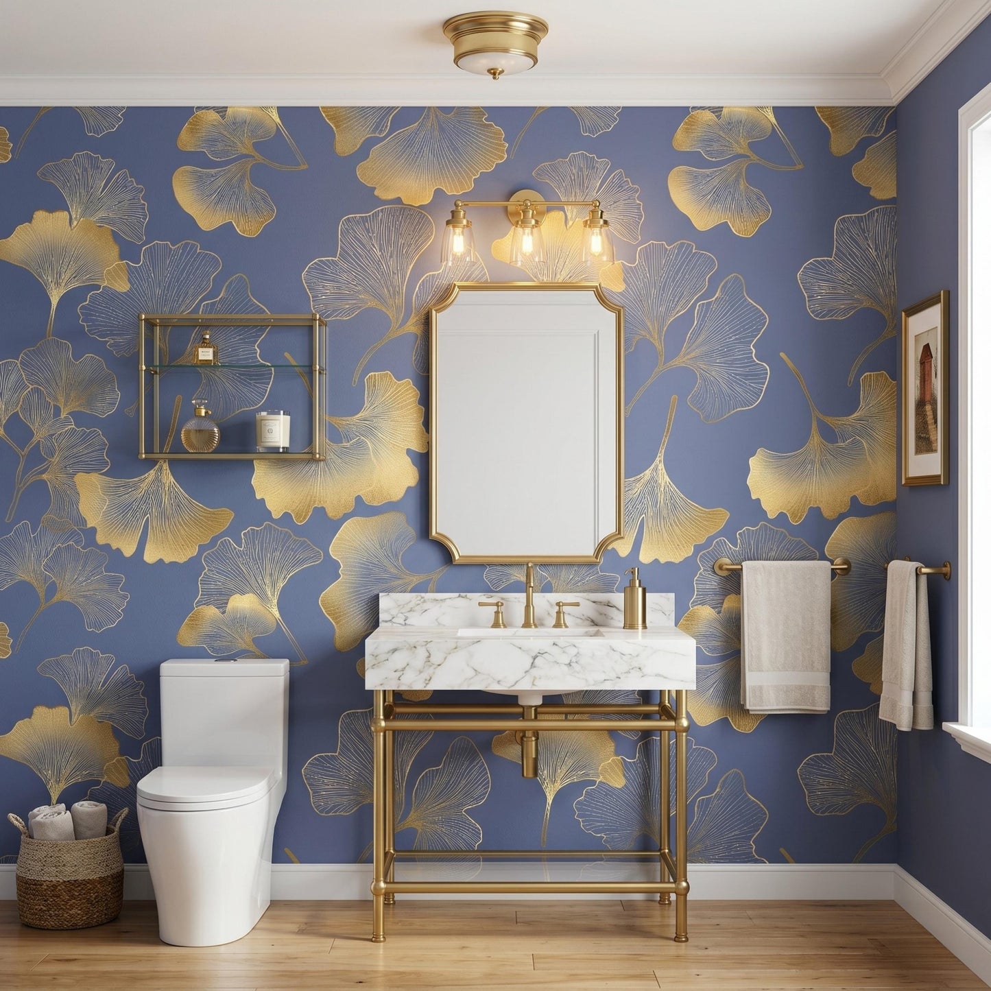 Blue Gold Ginkgo Wallpaper, Art Deco Botanical Wall Decor, Luxury Peel and Stick-WP0082