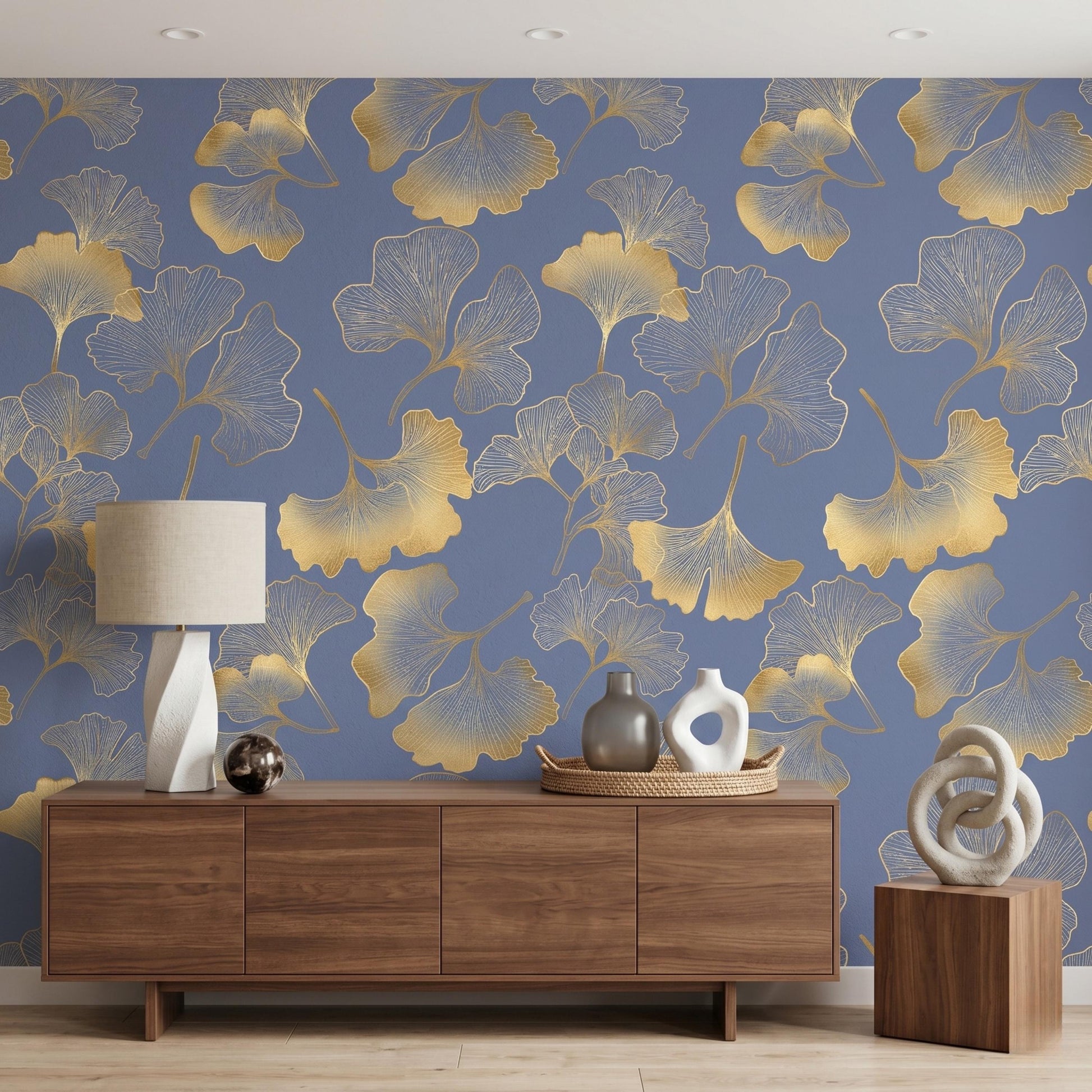 Blue Gold Ginkgo Wallpaper, Art Deco Botanical Wall Decor, Luxury Peel and Stick-WP0082