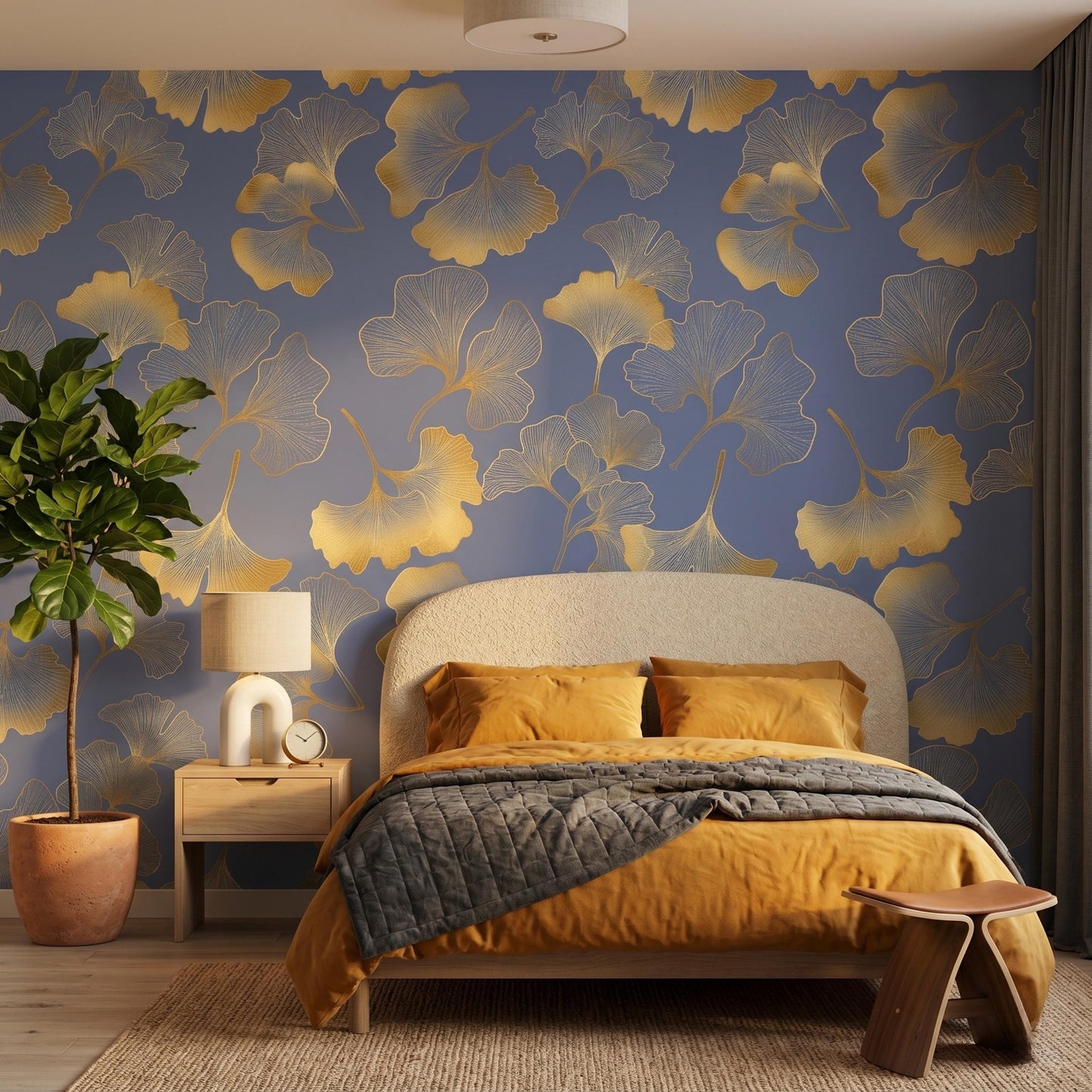 Blue Gold Ginkgo Wallpaper, Art Deco Botanical Wall Decor, Luxury Peel and Stick-WP0082