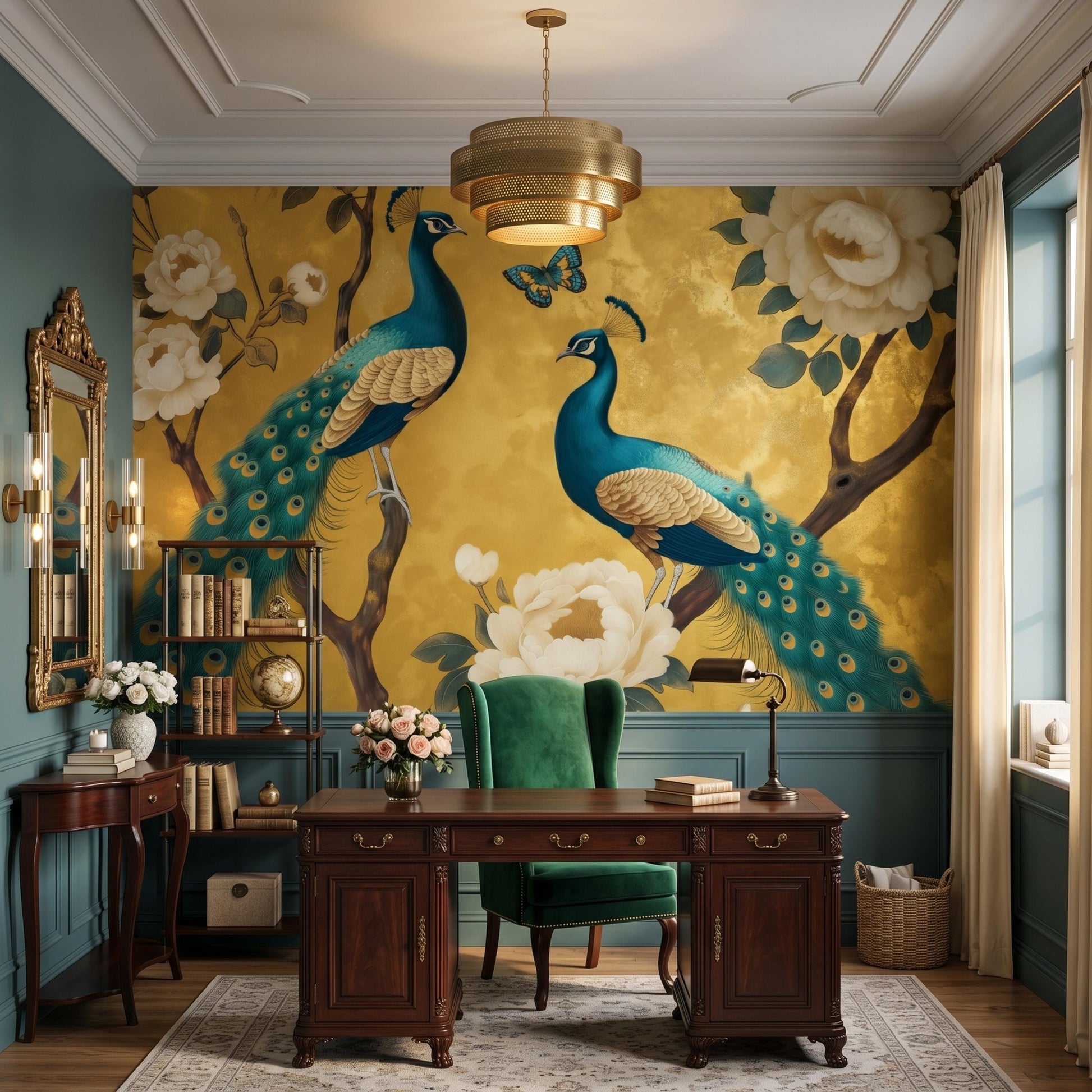 Gold Chinoiserie Peacock Floral Wallpaper Mural, Elegant Maximalist Boho Wall Art-WP0083