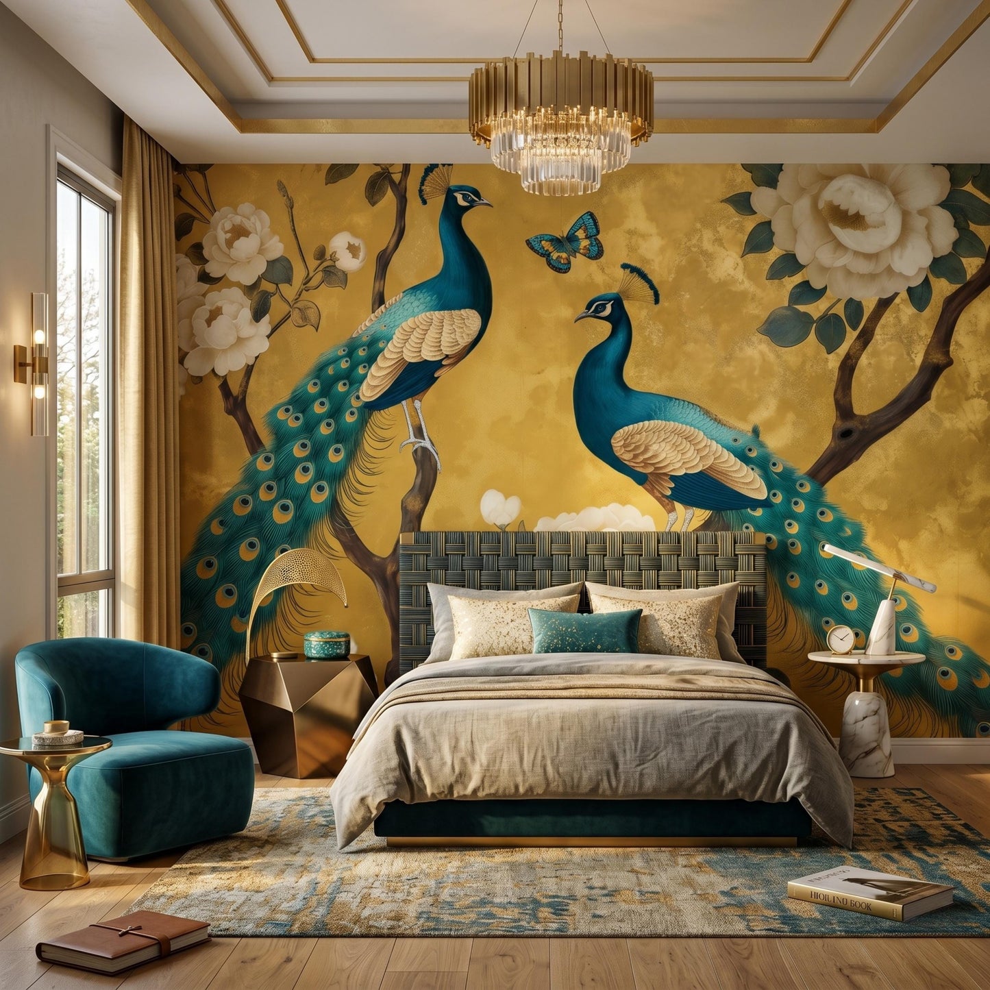 Gold Chinoiserie Peacock Floral Wallpaper Mural, Elegant Maximalist Boho Wall Art-WP0083