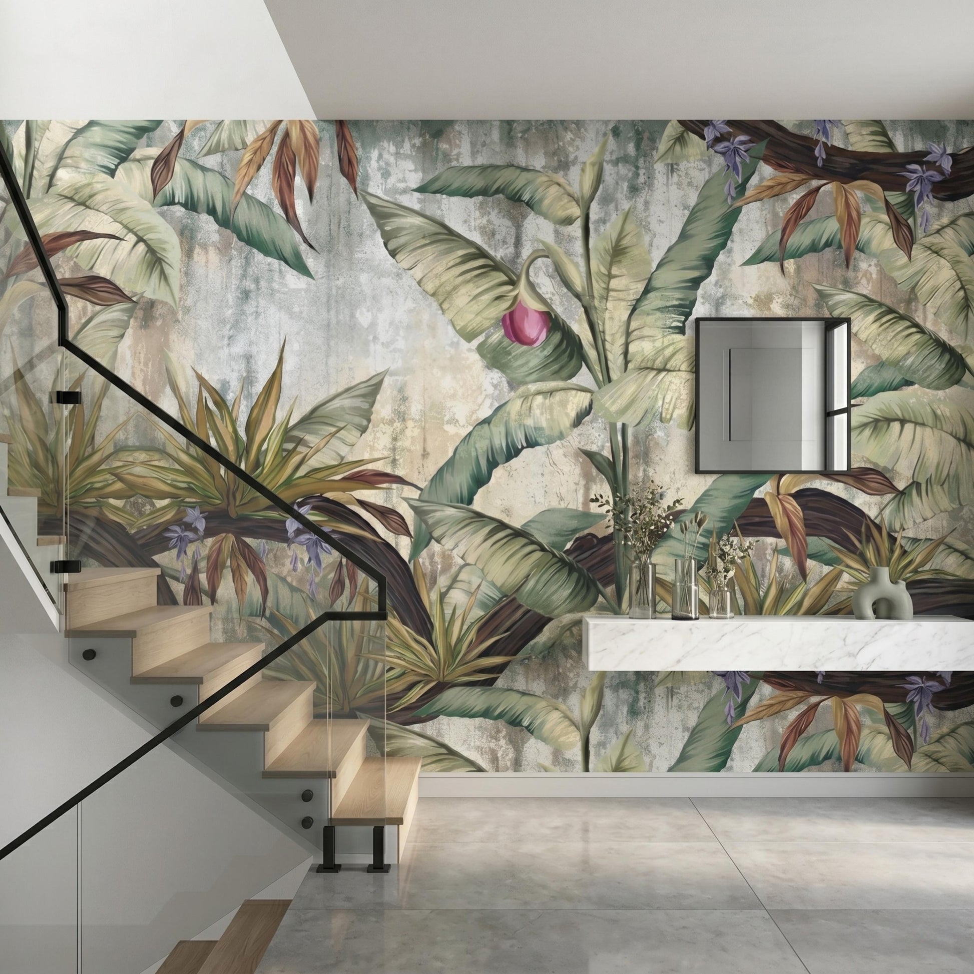 Sage Green Vintage Botanical Wall Mural: Large Tropical Leaf Wallpape-WP0115