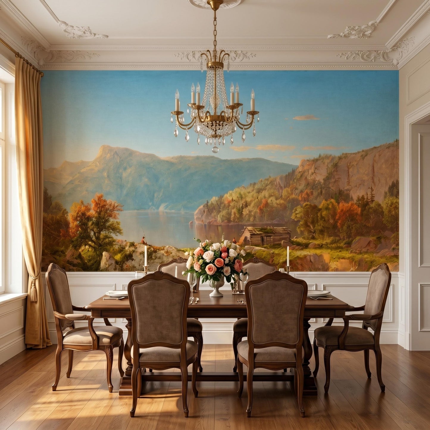 Blue and Gold Hudson River School Landscape Wallpaper Mural, Vintage Nature Wall Art, Rustic Cabin Accent Wall, Fine Art Room Decor-WP0084