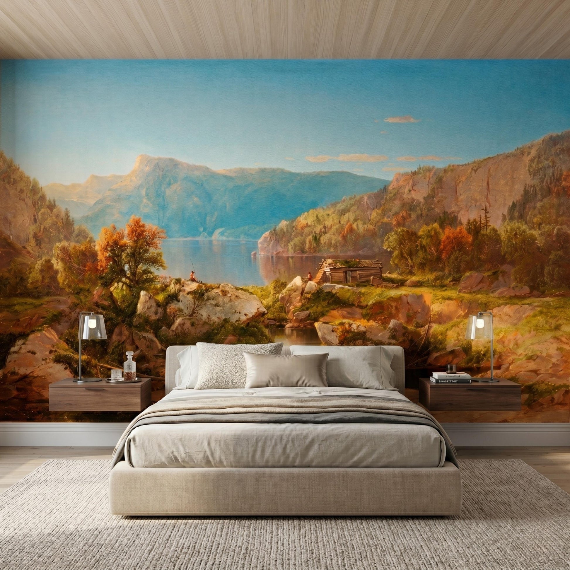 Blue and Gold Hudson River School Landscape Wallpaper Mural, Vintage Nature Wall Art, Rustic Cabin Accent Wall, Fine Art Room Decor-WP0084