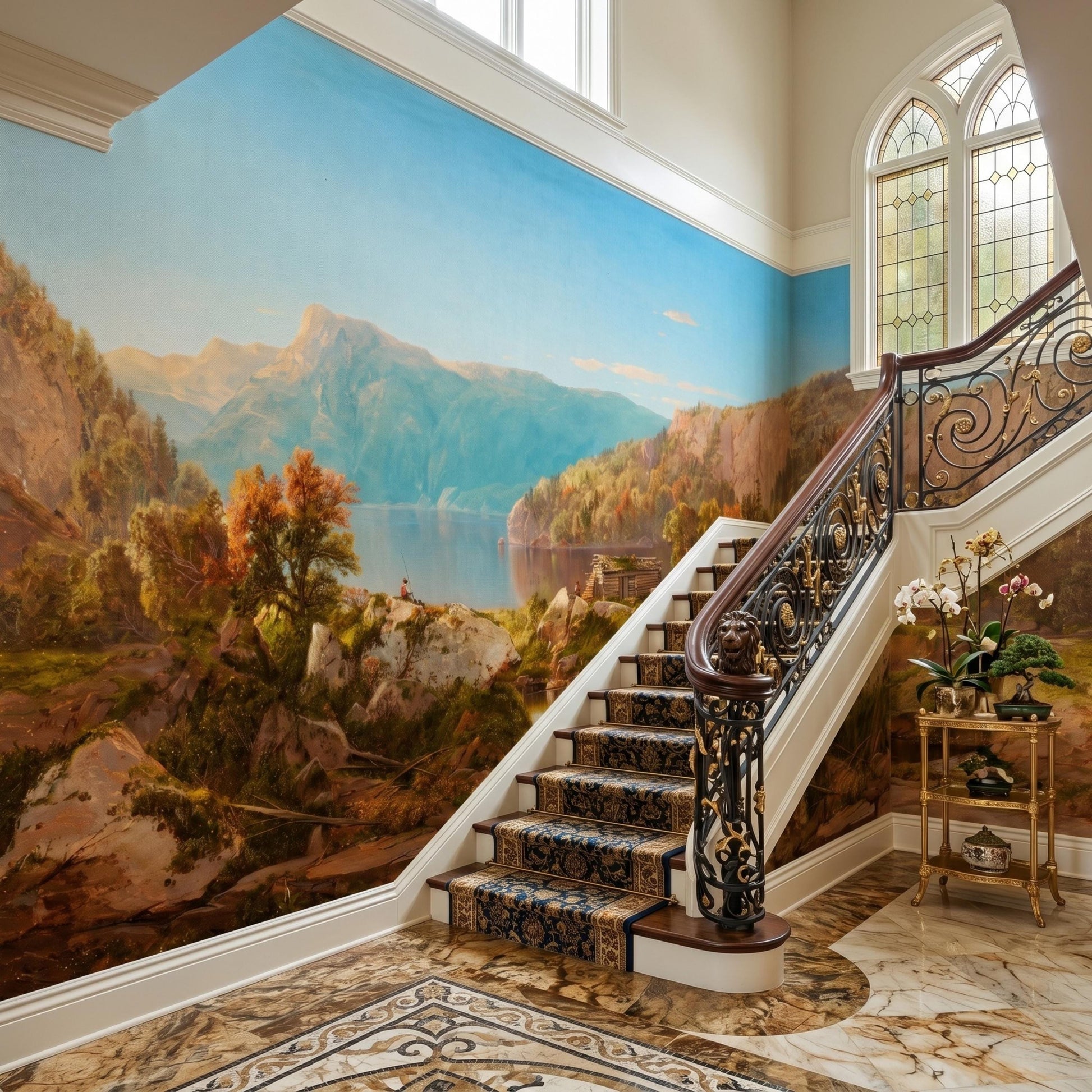 Blue and Gold Hudson River School Landscape Wallpaper Mural, Vintage Nature Wall Art, Rustic Cabin Accent Wall, Fine Art Room Decor-WP0084