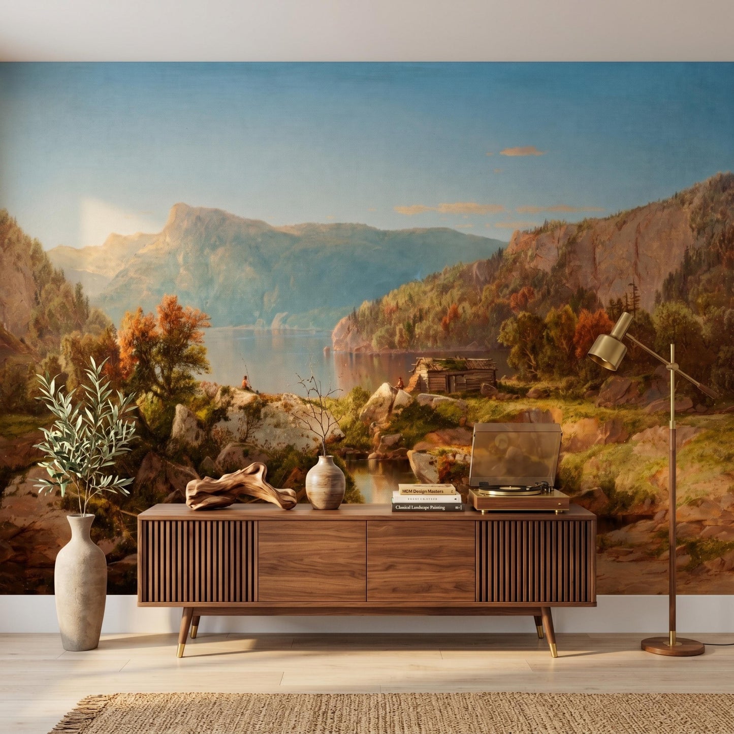 Blue and Gold Hudson River School Landscape Wallpaper Mural, Vintage Nature Wall Art, Rustic Cabin Accent Wall, Fine Art Room Decor-WP0084