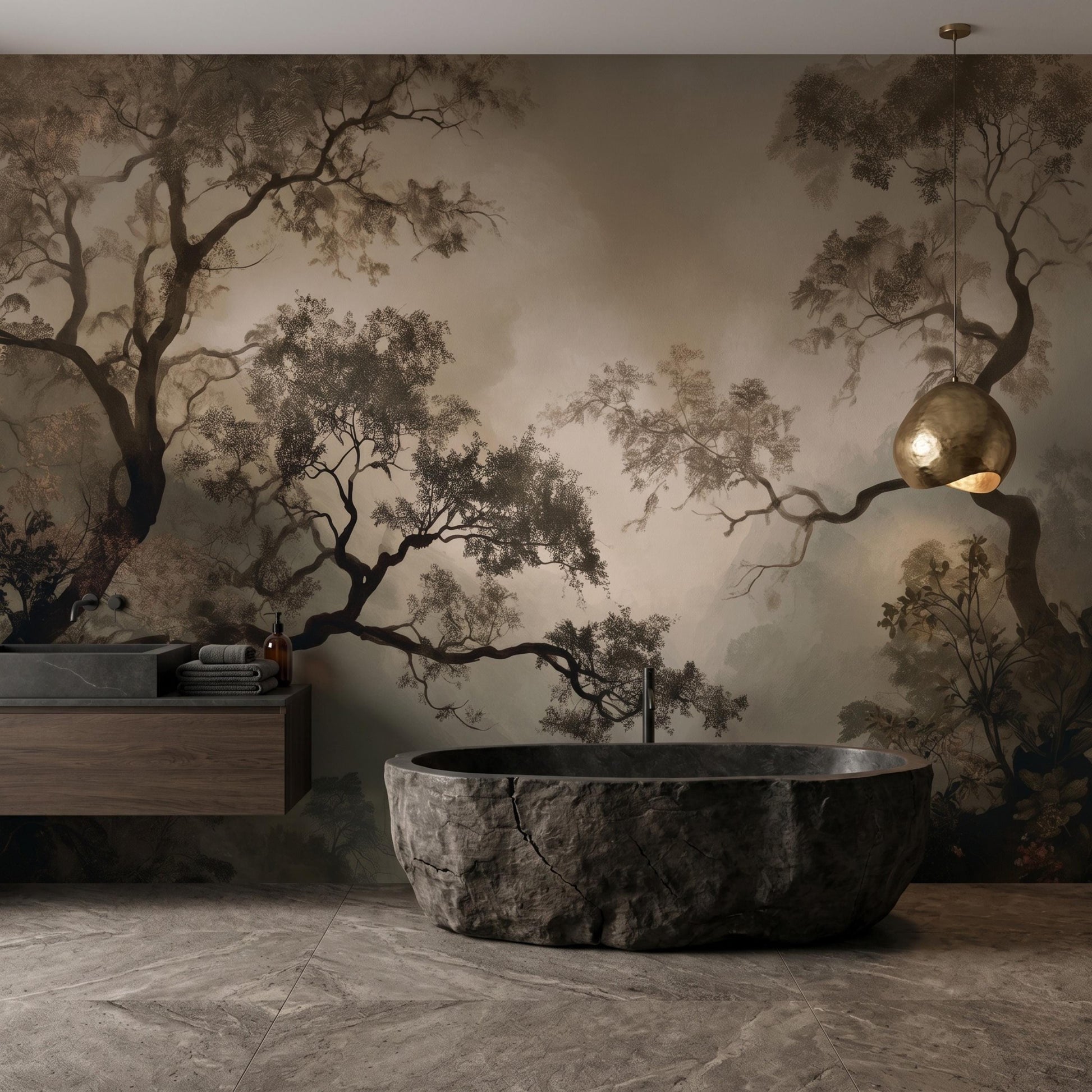 Sepia Vintage Forest Mural Wallpaper, Atmospheric Tree Wall Art, Dark Academia Decor-WP0085