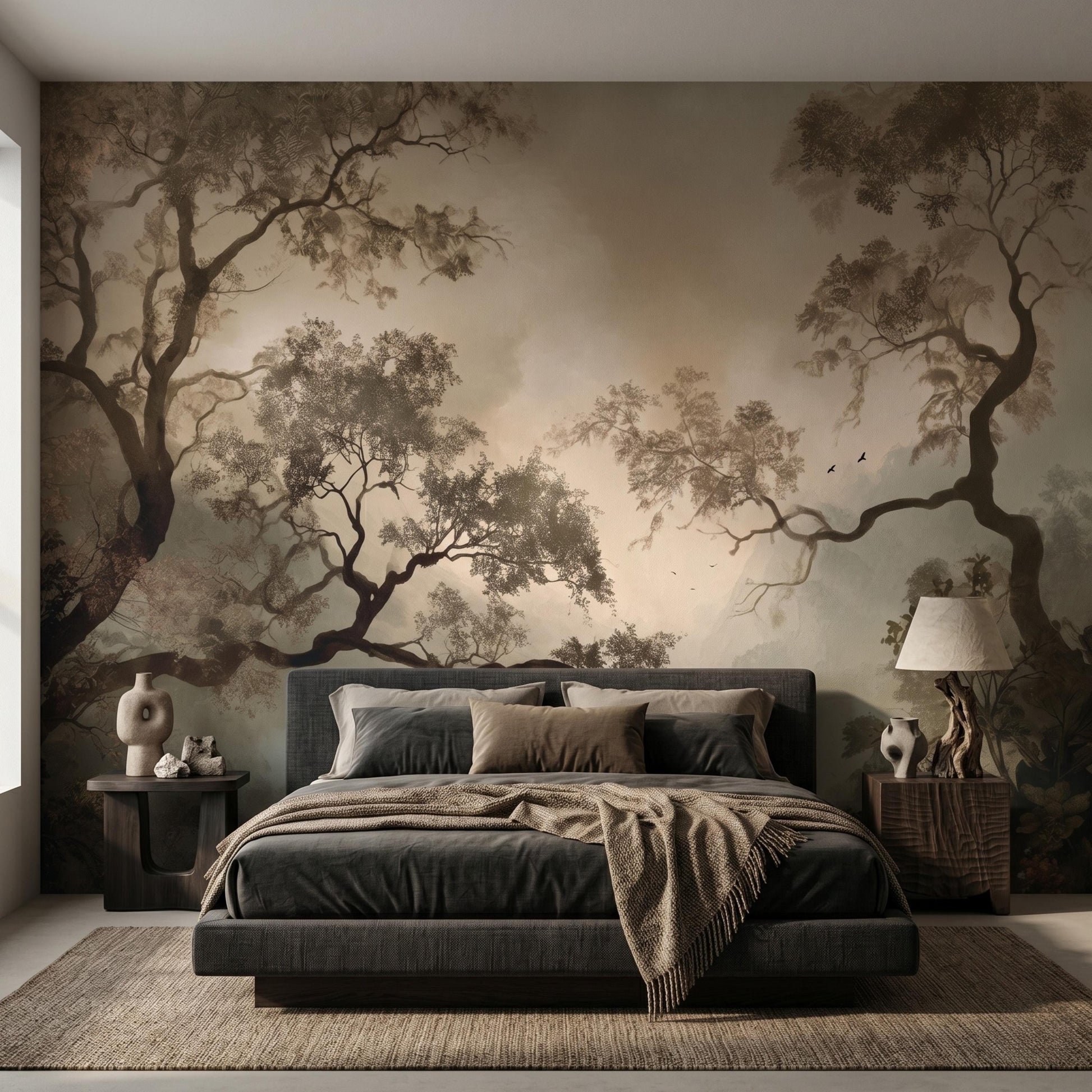 Sepia Vintage Forest Mural Wallpaper, Atmospheric Tree Wall Art, Dark Academia Decor-WP0085