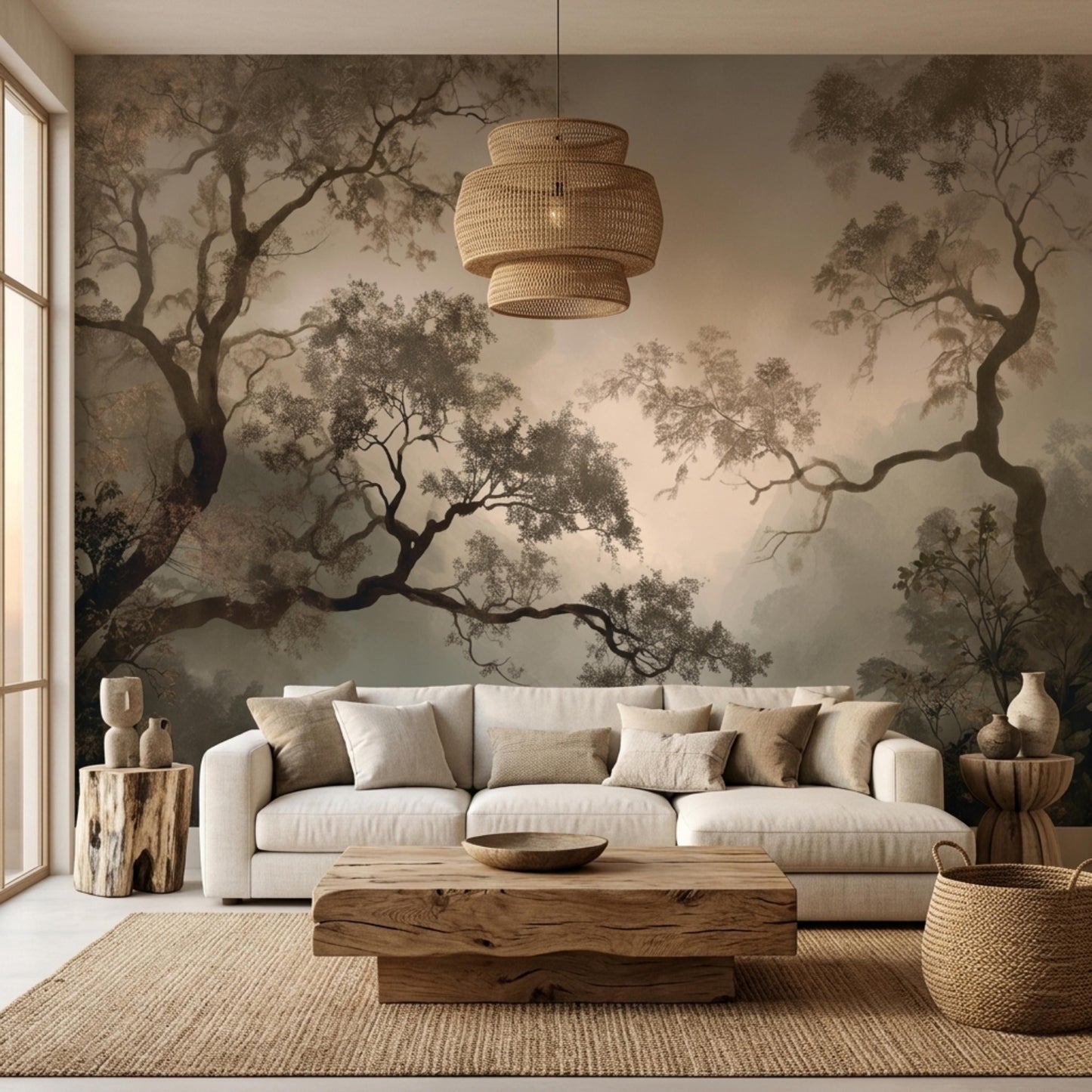 Sepia Vintage Forest Mural Wallpaper, Atmospheric Tree Wall Art, Dark Academia Decor-WP0085