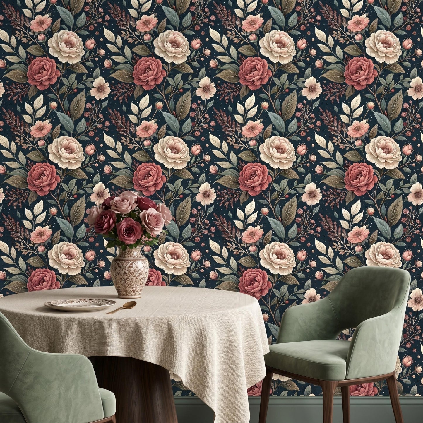 Dark Navy Blue Moody Vintage Floral Rose Wallpaper, Victorian Botanical Wall Decor, Dusty Rose Peel and Stick, Maximalist Home Accent-WP0086