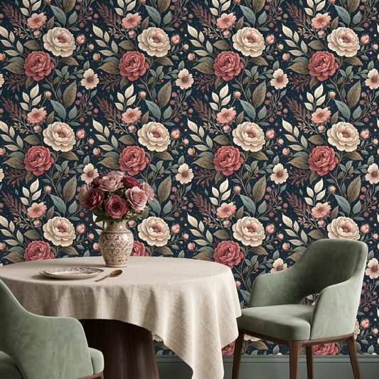 Dark Navy Blue Moody Vintage Floral Rose Wallpaper, Victorian Botanical Wall Decor, Dusty Rose Peel and Stick, Maximalist Home Accent-WP0086