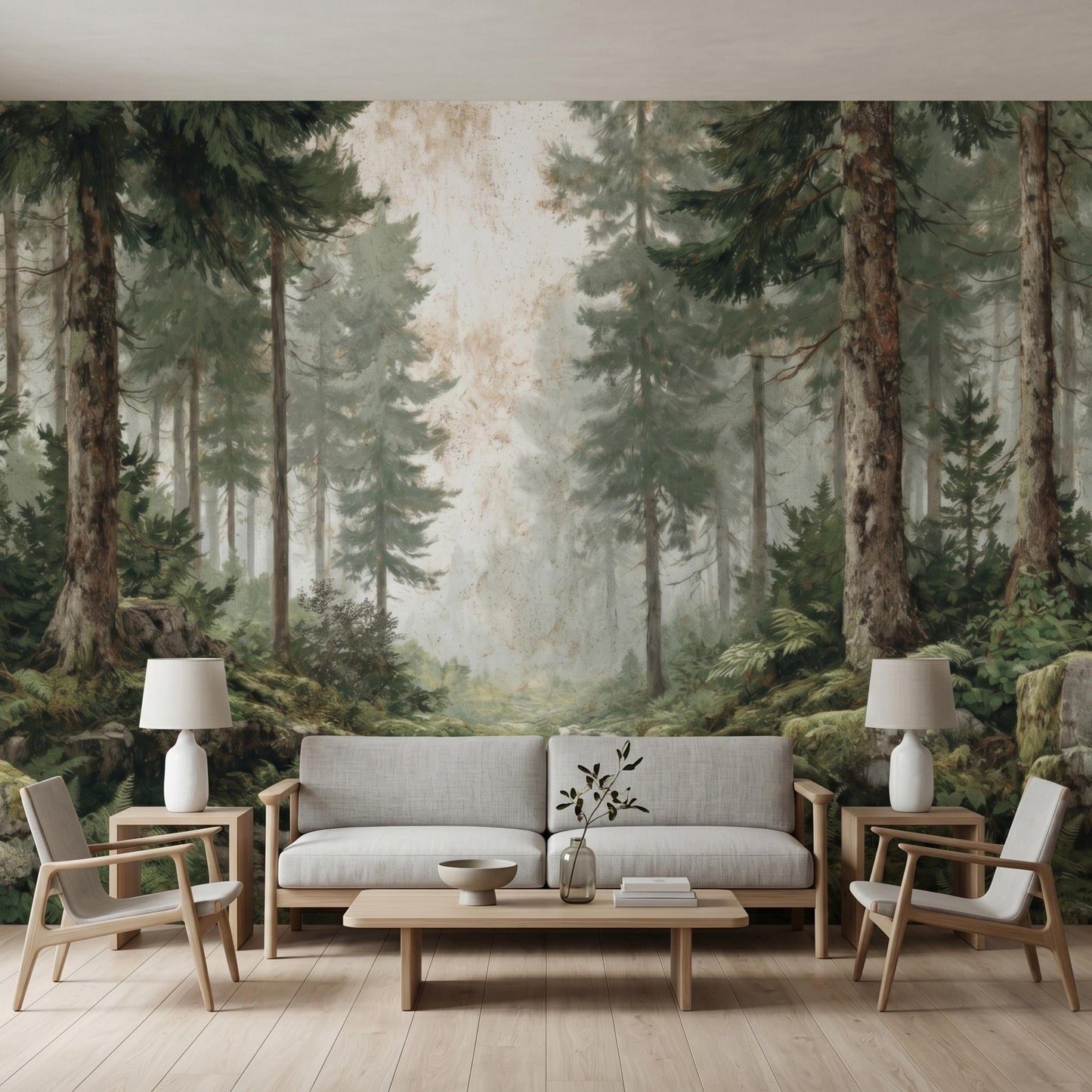 Vintage Pine Forest Peel and Stick Wallpaper, Misty Woods Wall Mural, Foggy Tree Nature Wall Art for Living Room, Japandi Decor-WP0118