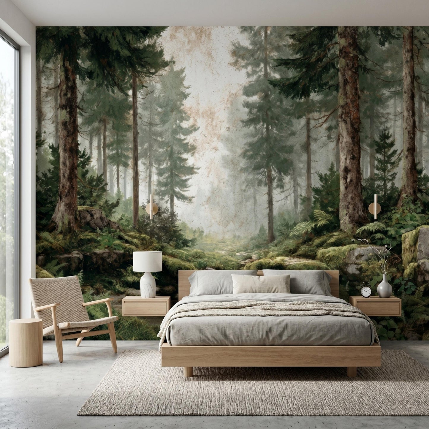 Vintage Pine Forest Peel and Stick Wallpaper, Misty Woods Wall Mural, Foggy Tree Nature Wall Art for Living Room, Japandi Decor-WP0118