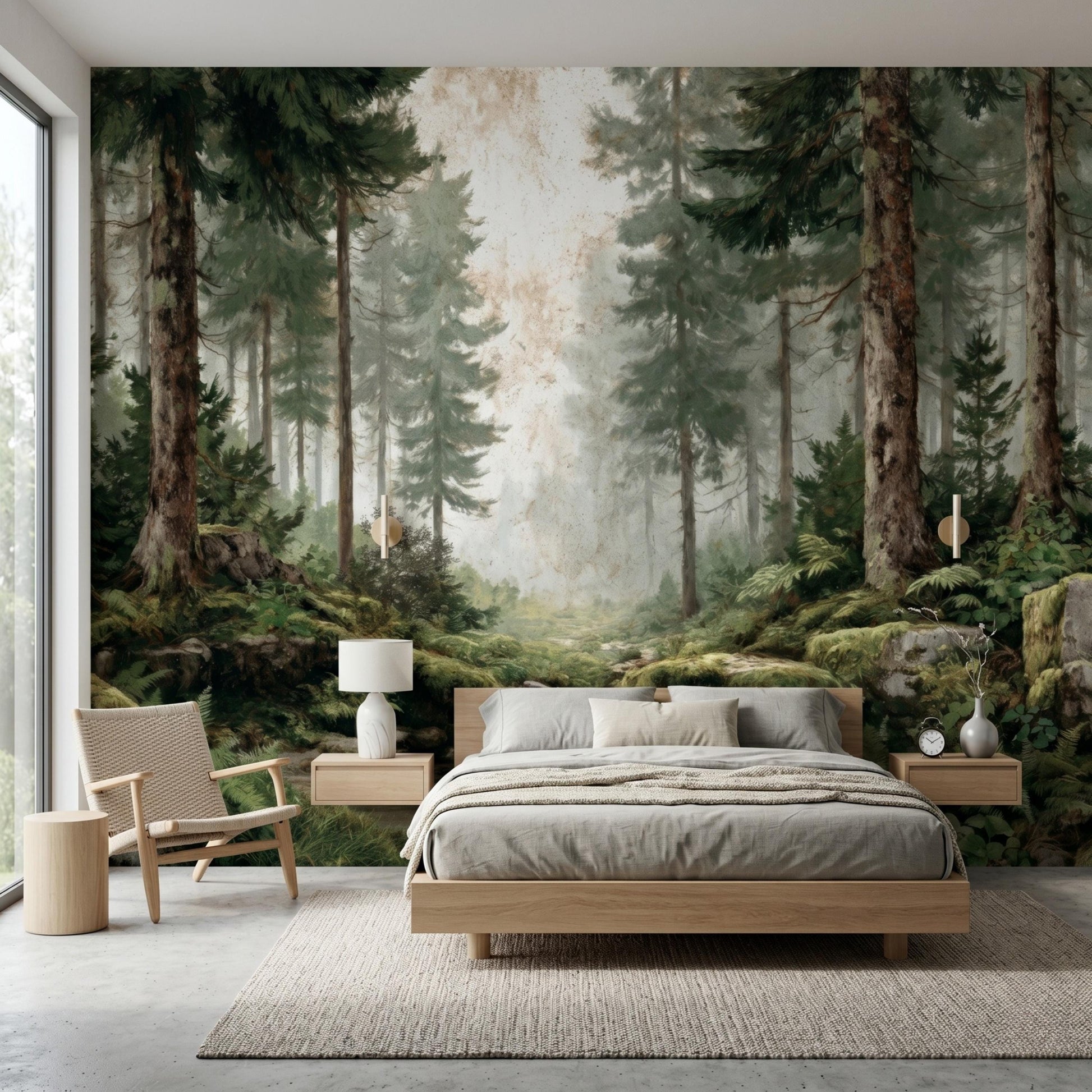 Vintage Pine Forest Peel and Stick Wallpaper, Misty Woods Wall Mural, Foggy Tree Nature Wall Art for Living Room, Japandi Decor-WP0118