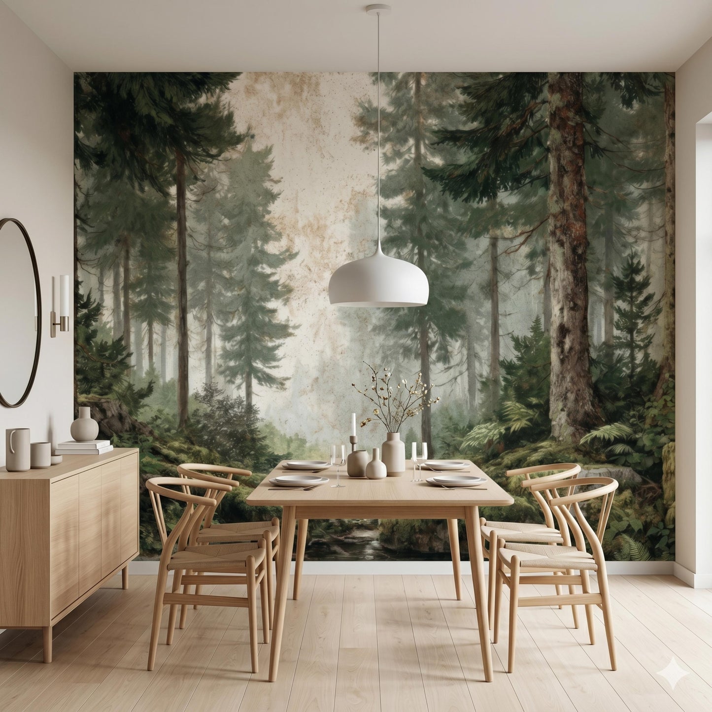 Vintage Pine Forest Peel and Stick Wallpaper, Misty Woods Wall Mural, Foggy Tree Nature Wall Art for Living Room, Japandi Decor-WP0118