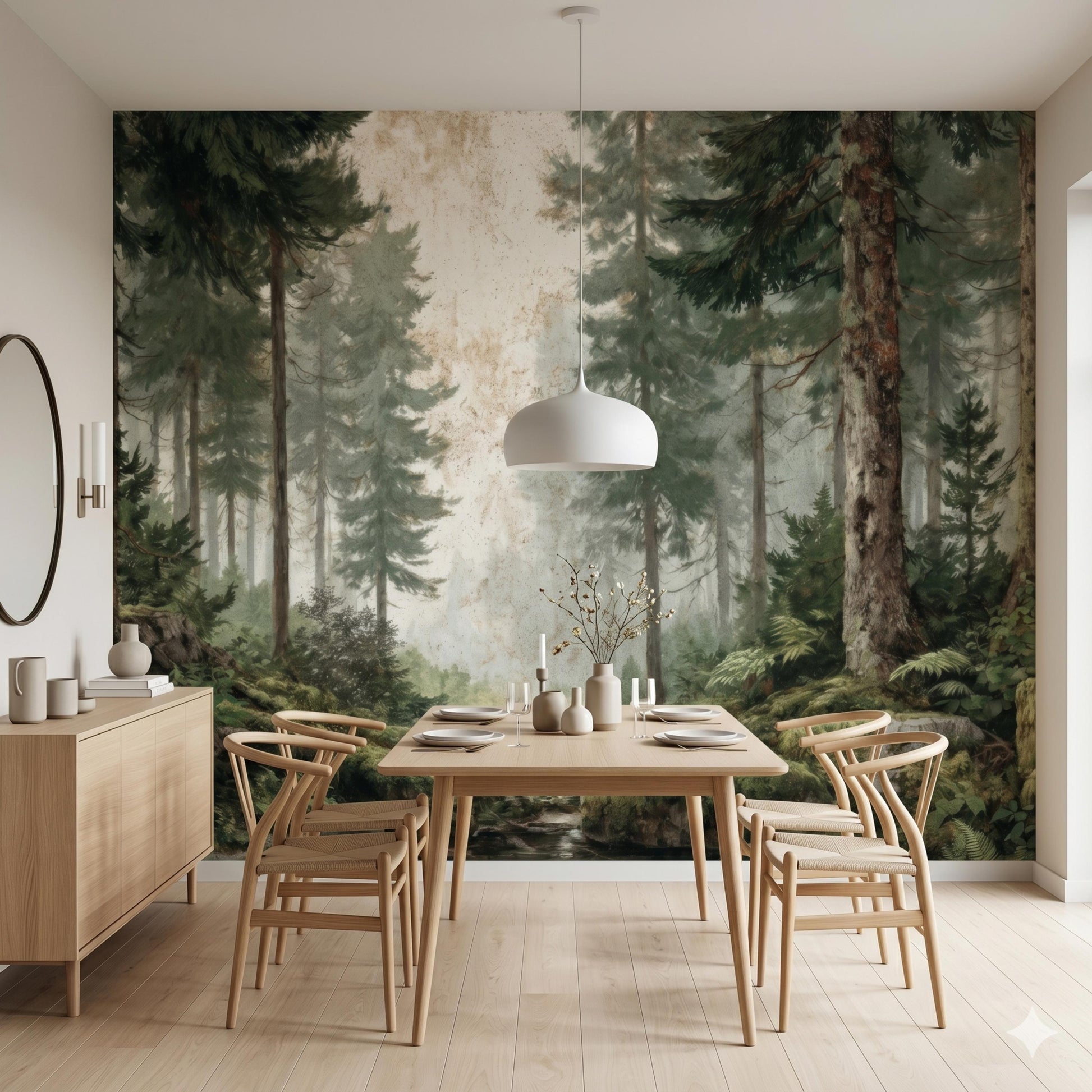 Vintage Pine Forest Peel and Stick Wallpaper, Misty Woods Wall Mural, Foggy Tree Nature Wall Art for Living Room, Japandi Decor-WP0118