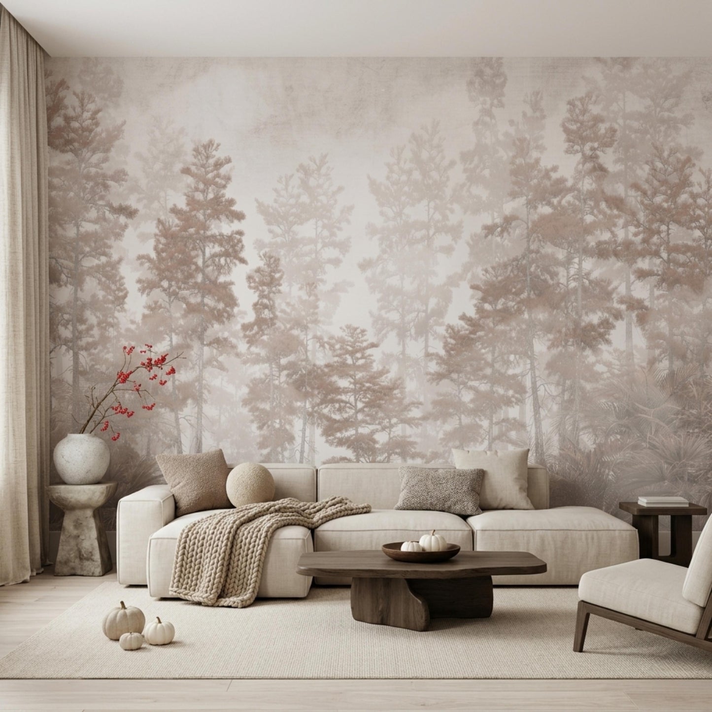 Moody Forest Wallpaper Mural, Vintage Beige Woodland Wall Decor, Sepia Pine Tree Landscape, Neutral Aesthetic Wallpaperl-WP0087
