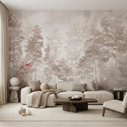 Moody Forest Wallpaper Mural, Vintage Beige Woodland Wall Decor, Sepia Pine Tree Landscape, Neutral Aesthetic Wallpaperl-WP0087