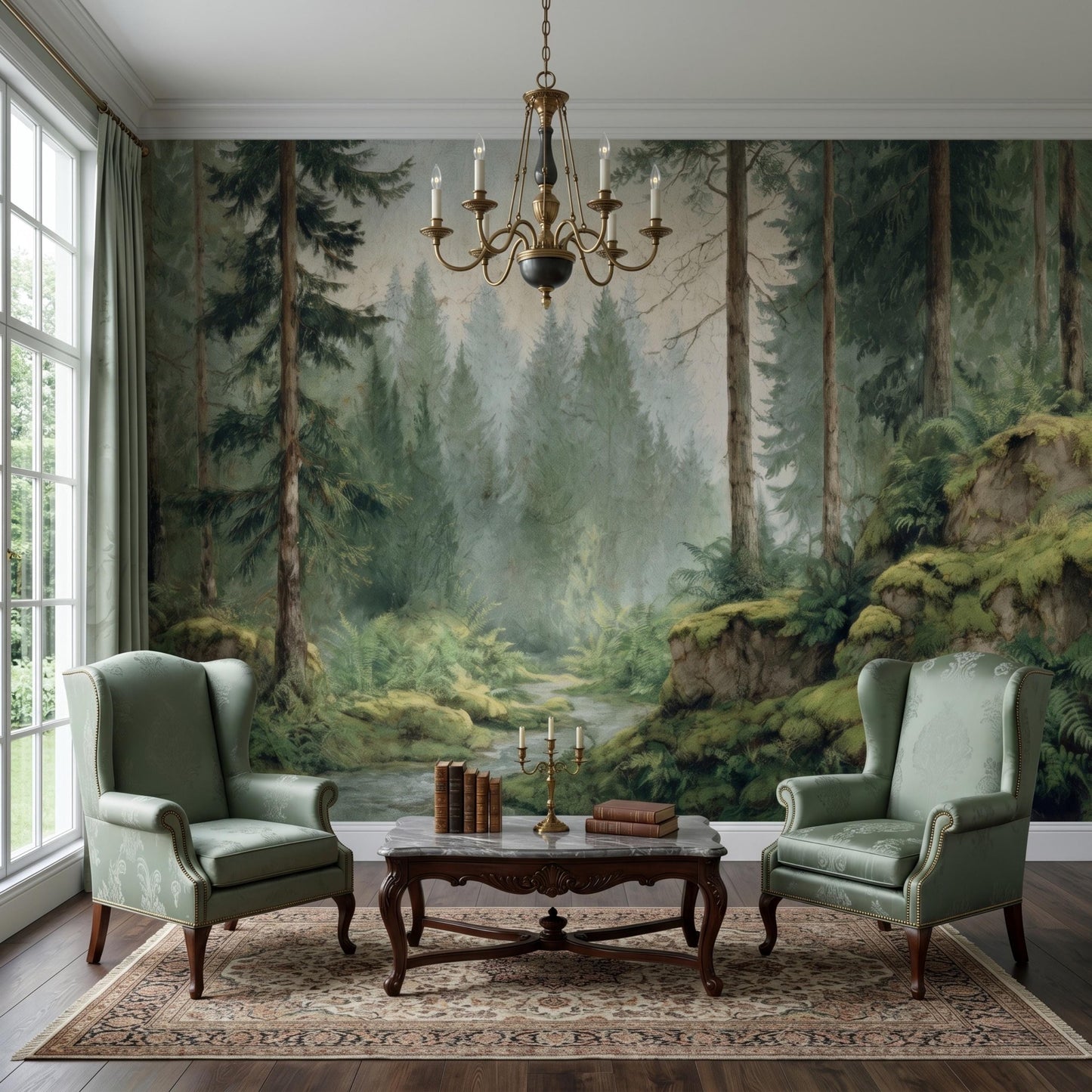 Sage Green Vintage Misty Forest Wall Mural, Nature Inspired Woodland Wallpaper, Moody Pine Tree Decor, Enchanted Landscape Accent-WP0119