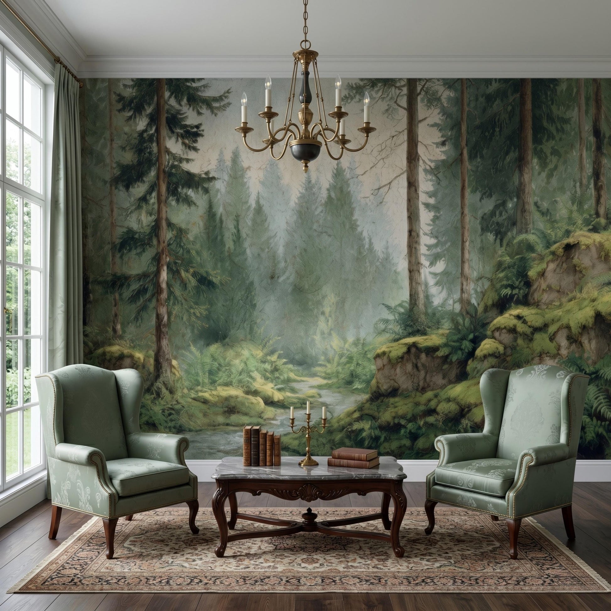 Sage Green Vintage Misty Forest Wall Mural, Nature Inspired Woodland Wallpaper, Moody Pine Tree Decor, Enchanted Landscape Accent-WP0119