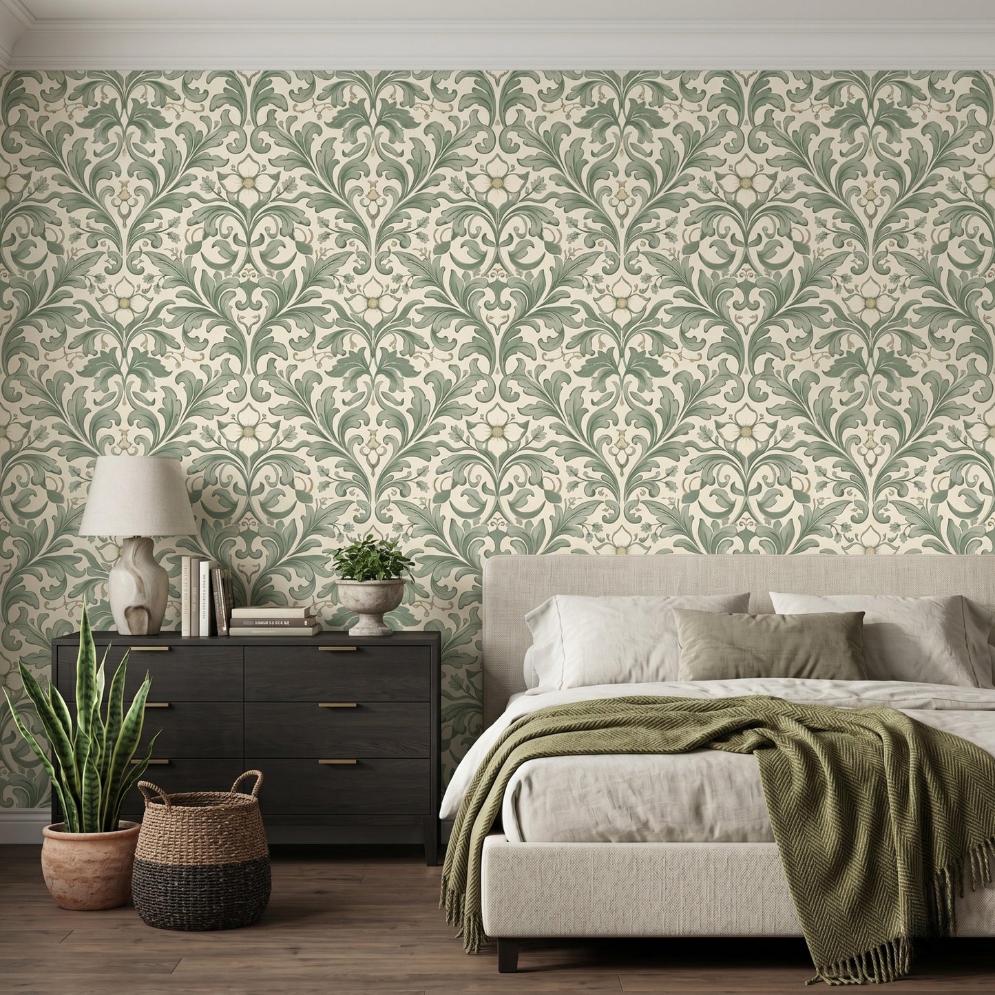 Sage Green William Morris Style Floral Wallpaper, Vintage Botanical Art Nouveau Wall Decor, Cottagecore Aesthetic Home Accents-WP0089
