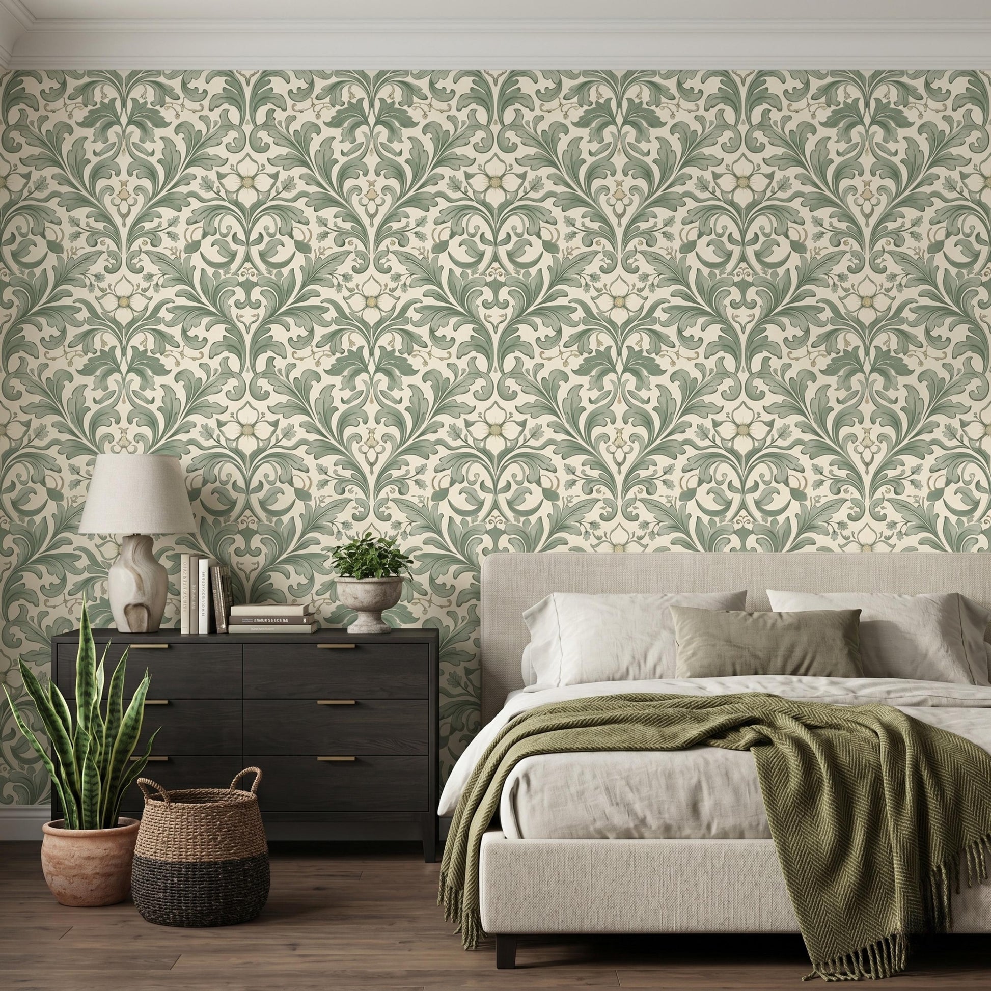 Sage Green William Morris Style Floral Wallpaper, Vintage Botanical Art Nouveau Wall Decor, Cottagecore Aesthetic Home Accents-WP0089
