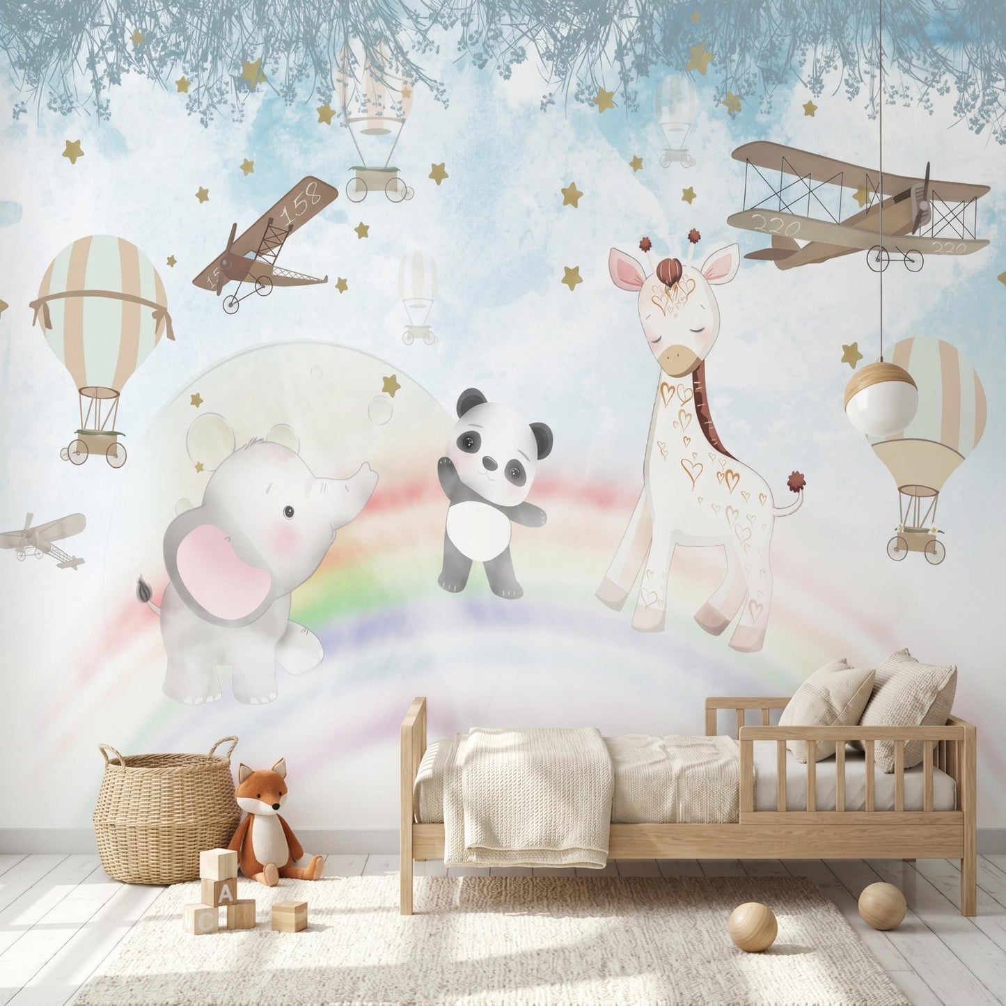 Blue Watercolor Nursery Wall Mural, Safari Animal Wallpaper, Panda Giraffe Decor, Vintage Biplane Baby Room-WP0090