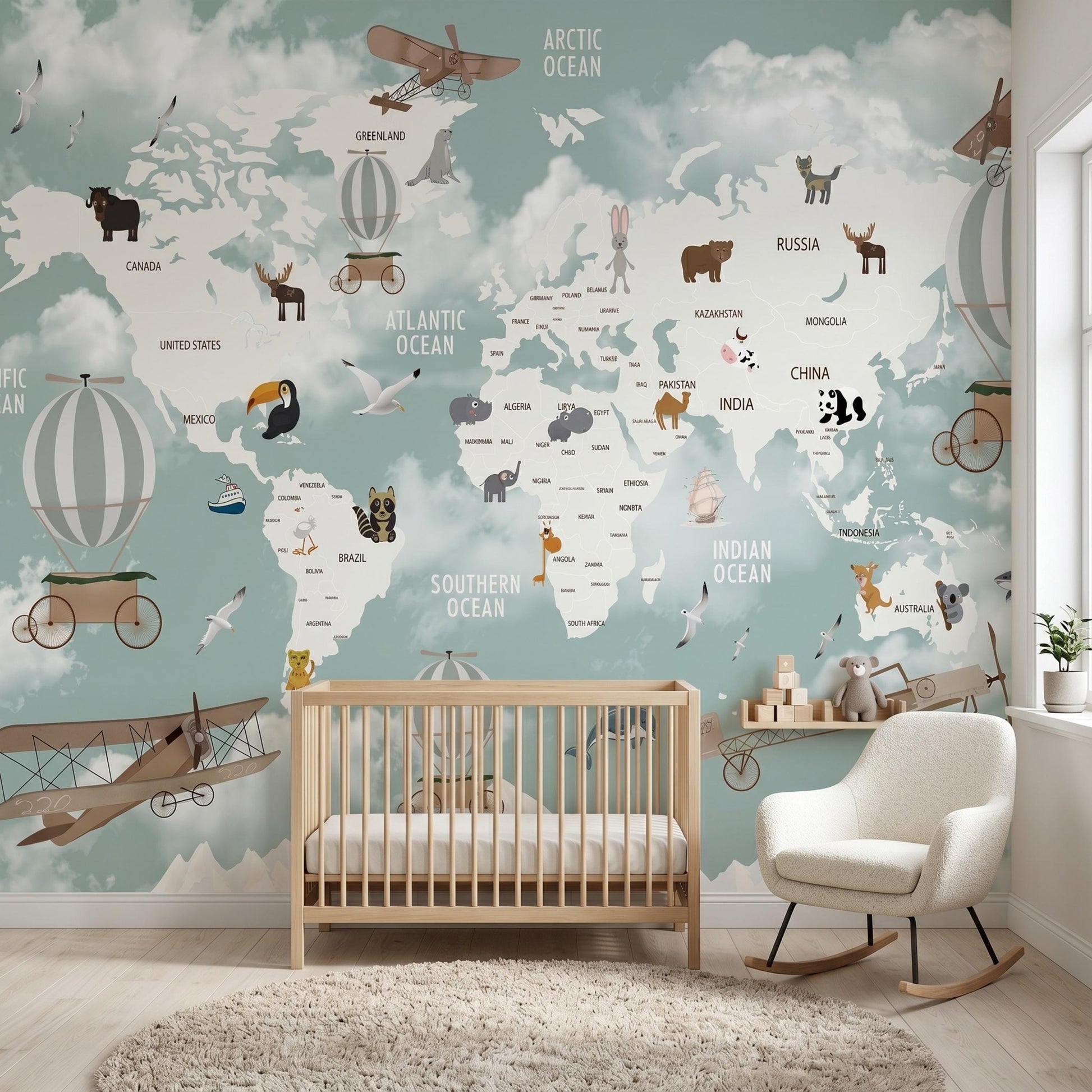 Kids World Map Wallpaper, Nursery Animal Wall Mural, Hot Air Balloon & Airplane Decal, Playroom Decor, Educational Baby Room Wall Art-WP0091