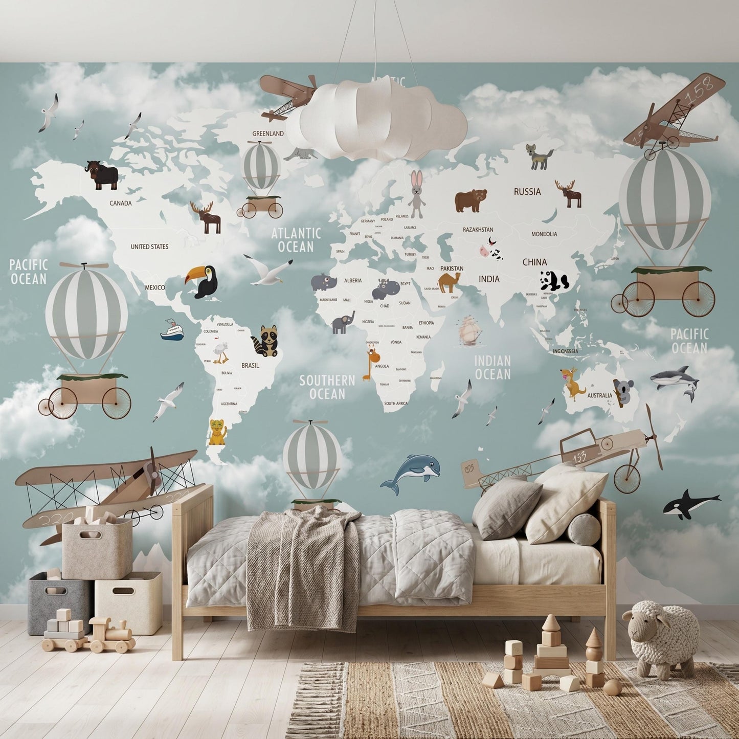 Kids World Map Wallpaper, Nursery Animal Wall Mural, Hot Air Balloon & Airplane Decal, Playroom Decor, Educational Baby Room Wall Art-WP0091