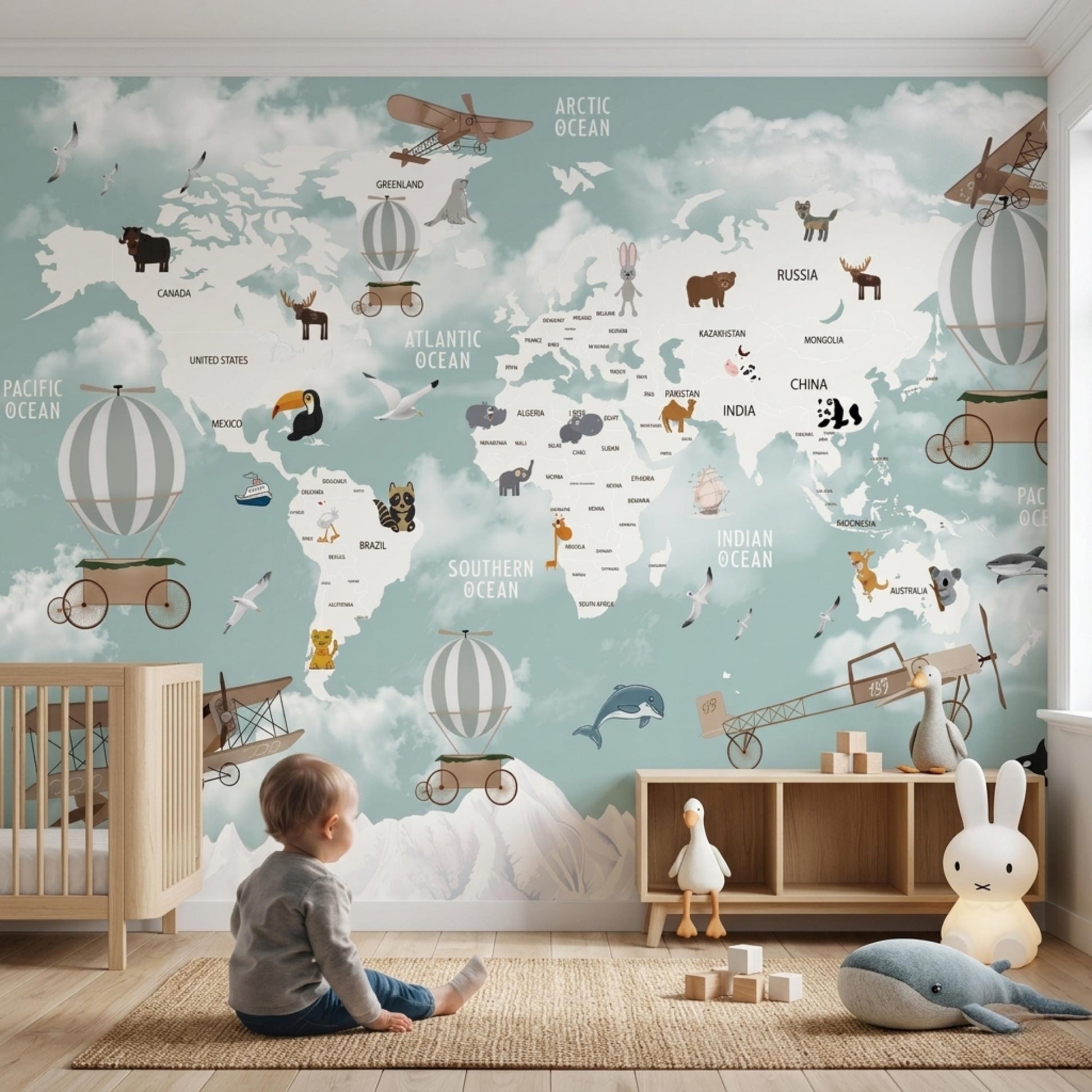 Kids World Map Wallpaper, Nursery Animal Wall Mural, Hot Air Balloon & Airplane Decal, Playroom Decor, Educational Baby Room Wall Art-WP0091