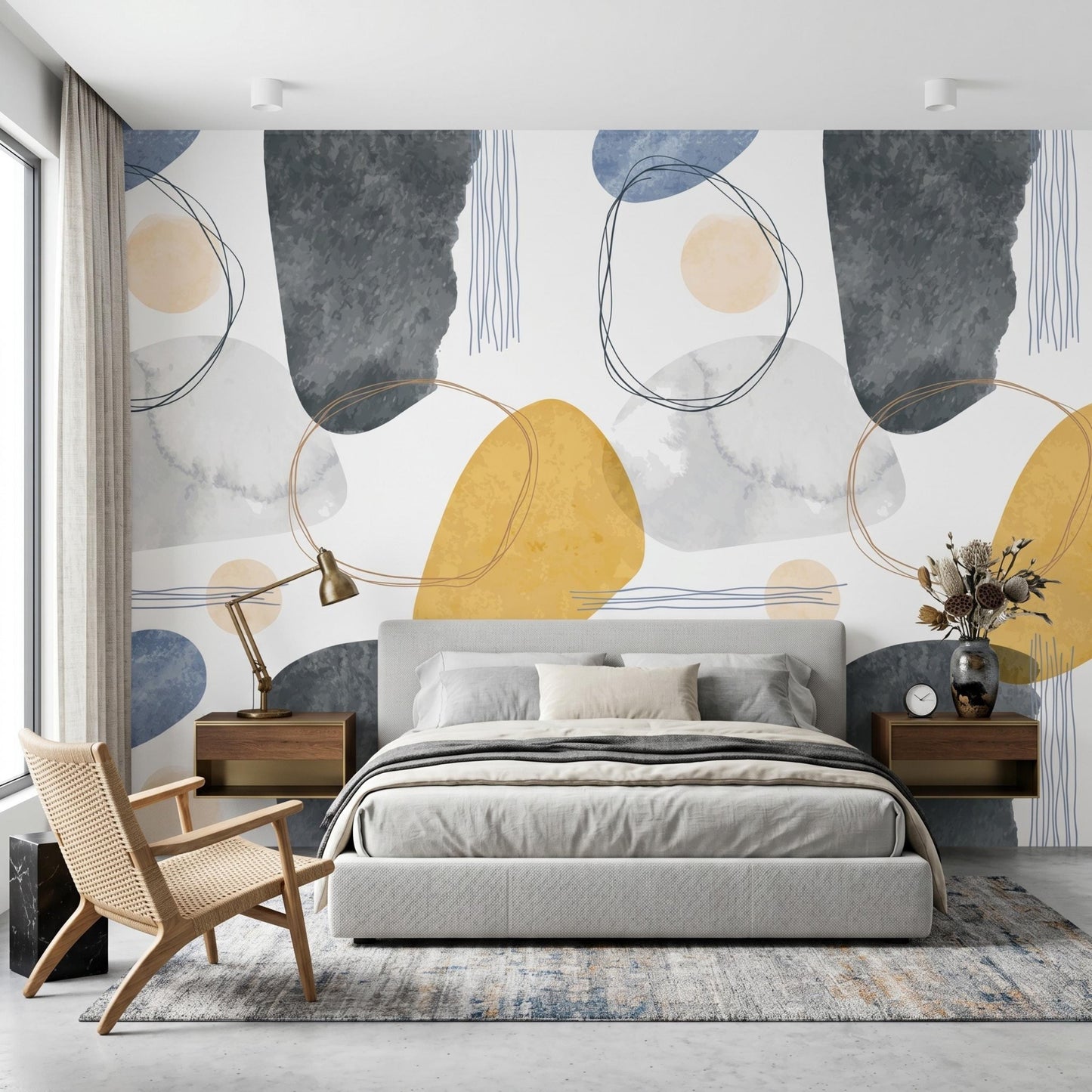 Abstract Boho Wallpaper | Mustard Yellow & Navy Blue Wall Mural | Watercolor Geometric Wall Decor | Peel and Stick Modern Wallpaper-WP0092