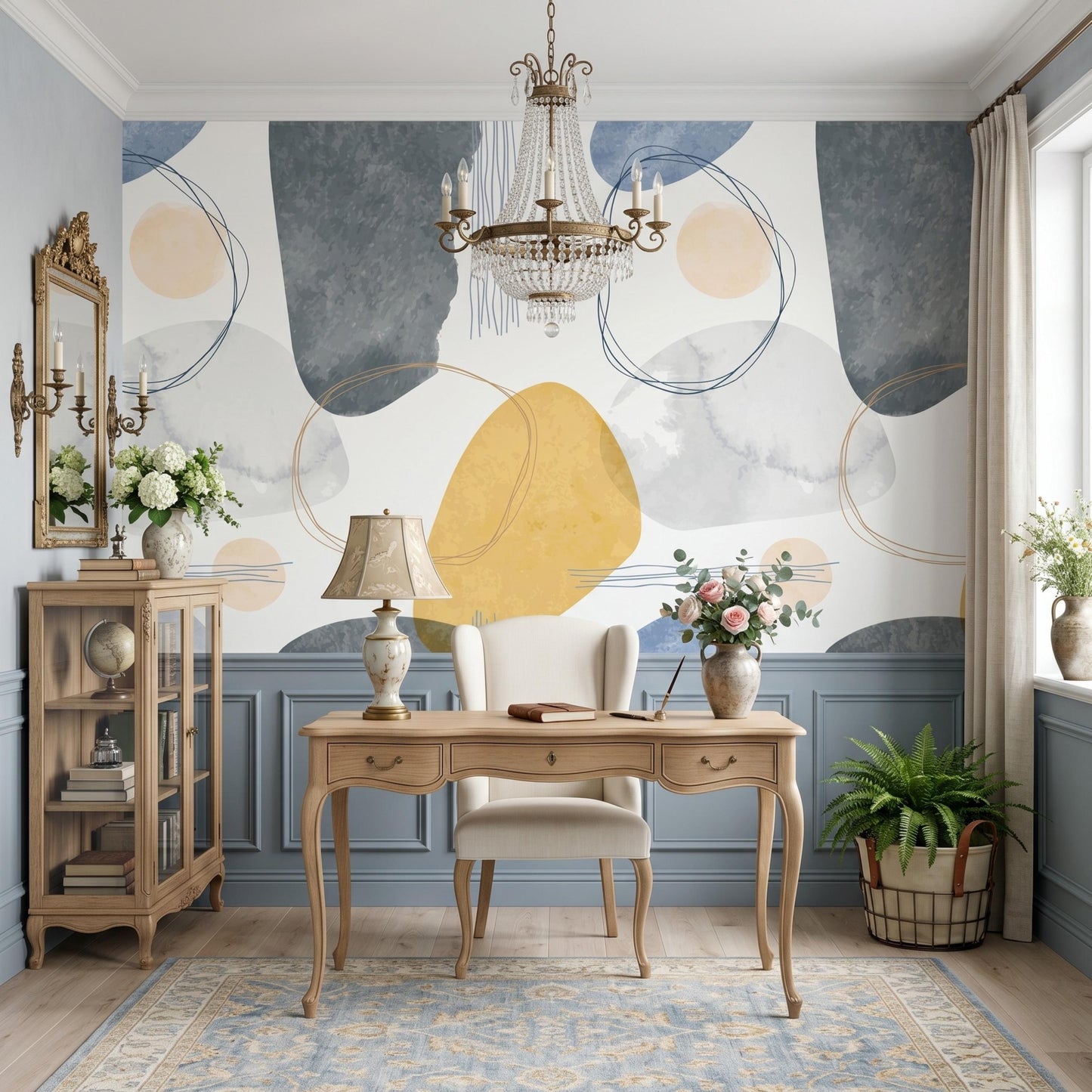 Abstract Boho Wallpaper | Mustard Yellow & Navy Blue Wall Mural | Watercolor Geometric Wall Decor | Peel and Stick Modern Wallpaper-WP0092