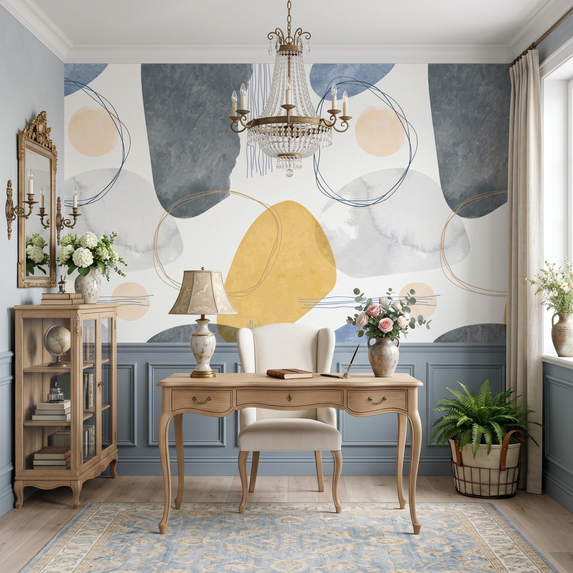 Abstract Boho Wallpaper | Mustard Yellow & Navy Blue Wall Mural | Watercolor Geometric Wall Decor | Peel and Stick Modern Wallpaper-WP0092
