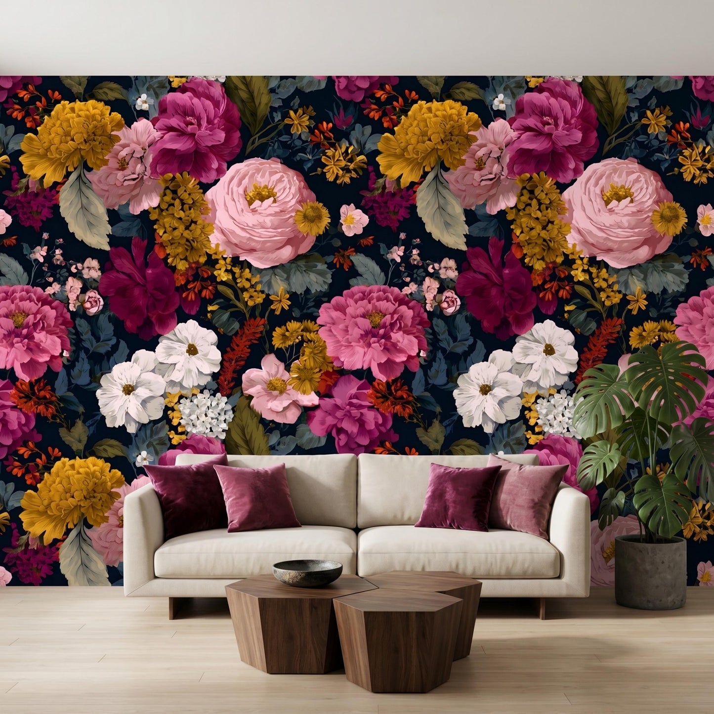 Dark Floral Wallpaper Peel and Stick, Moody Botanical Wall Mural, Vintage Peony Wallpaper, Dark Academia Decor, Removable Floral-WP0120