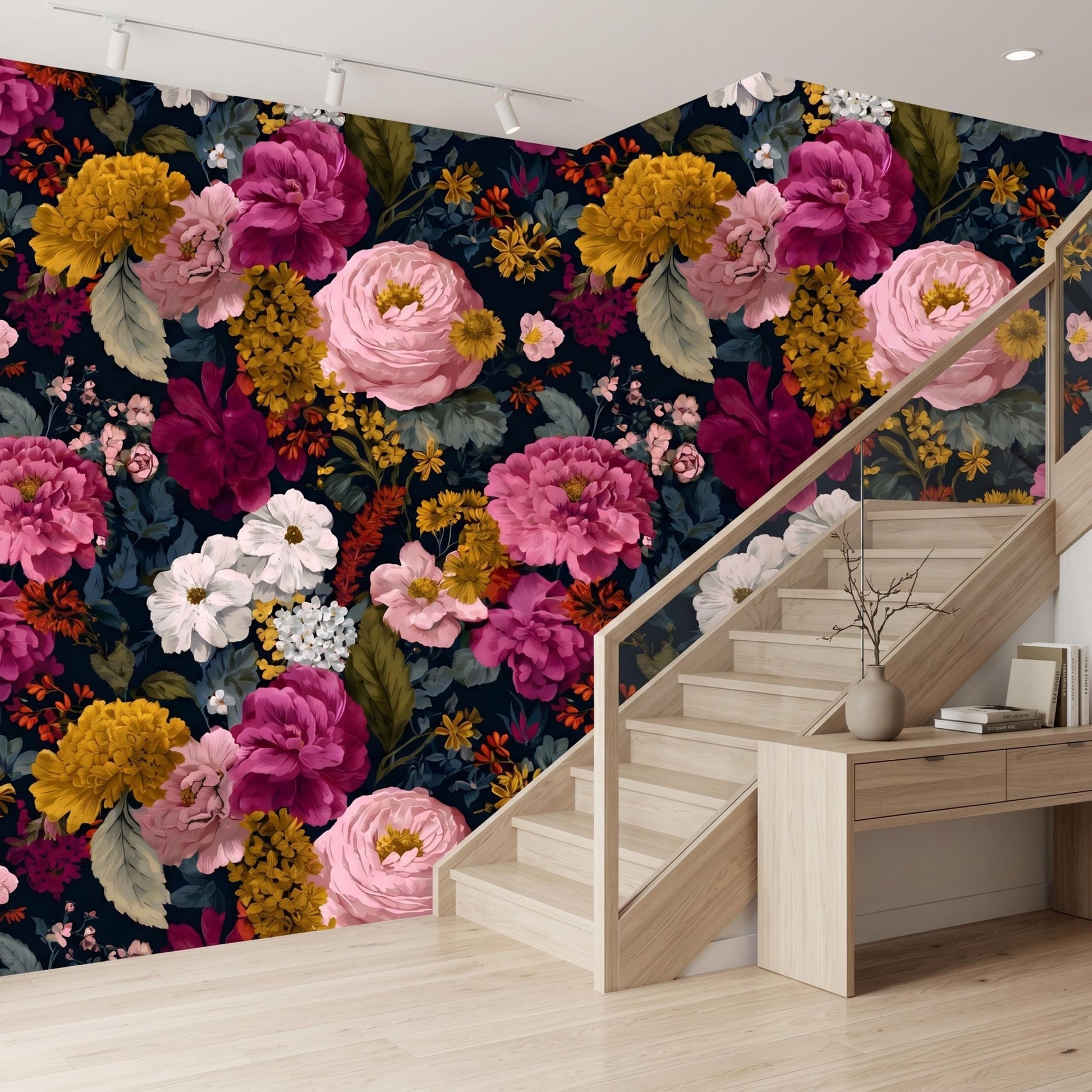Dark Floral Wallpaper Peel and Stick, Moody Botanical Wall Mural, Vintage Peony Wallpaper, Dark Academia Decor, Removable Floral-WP0120