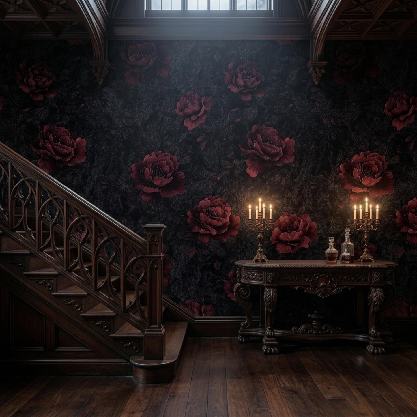 Dark Floral Wallpaper Peel and Stick Moody Burgundy Rose Wall Mural Gothic Black and Red Flower Wallpaper Dark Botanical Wall Decor-WP0094