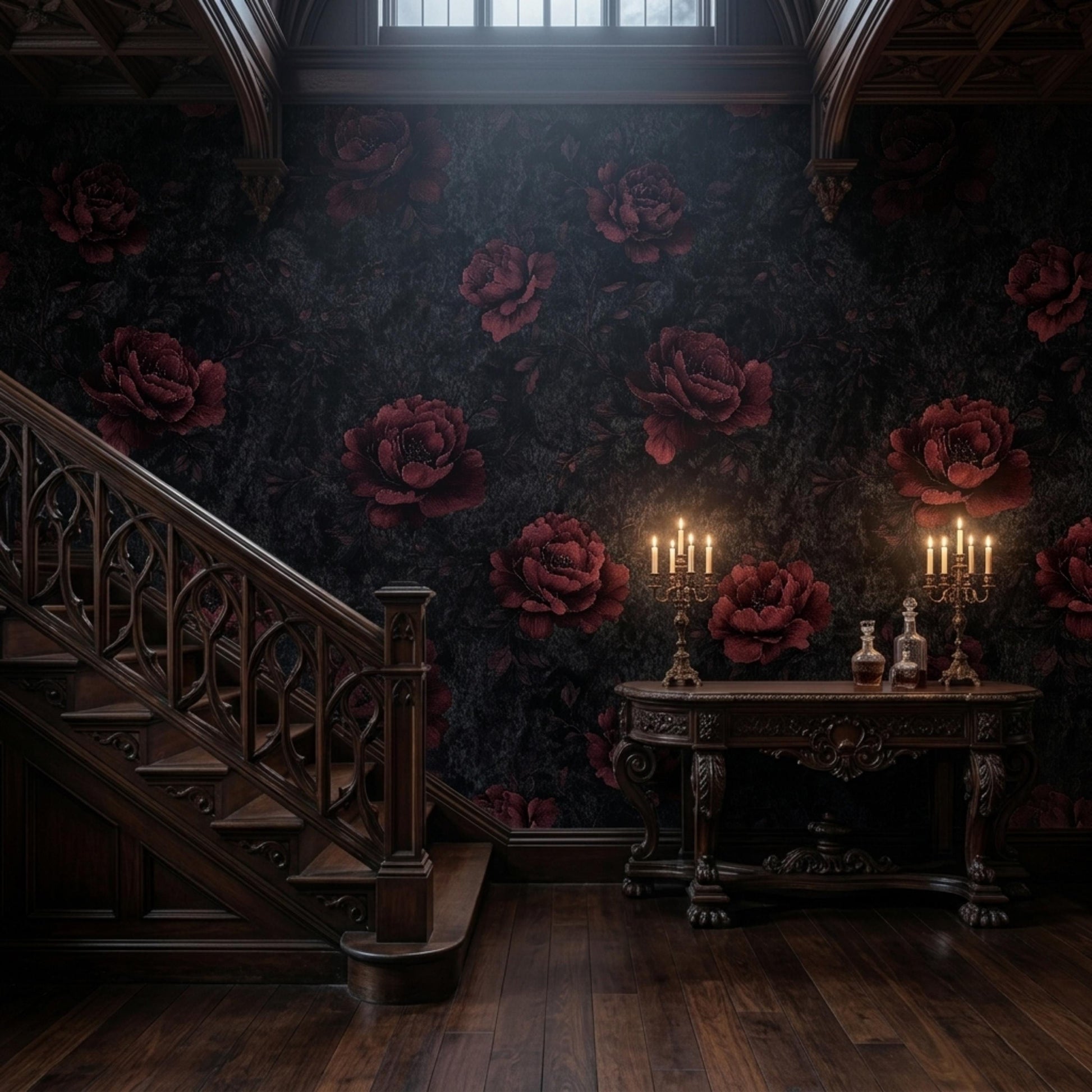 Dark Floral Wallpaper Peel and Stick Moody Burgundy Rose Wall Mural Gothic Black and Red Flower Wallpaper Dark Botanical Wall Decor-WP0094