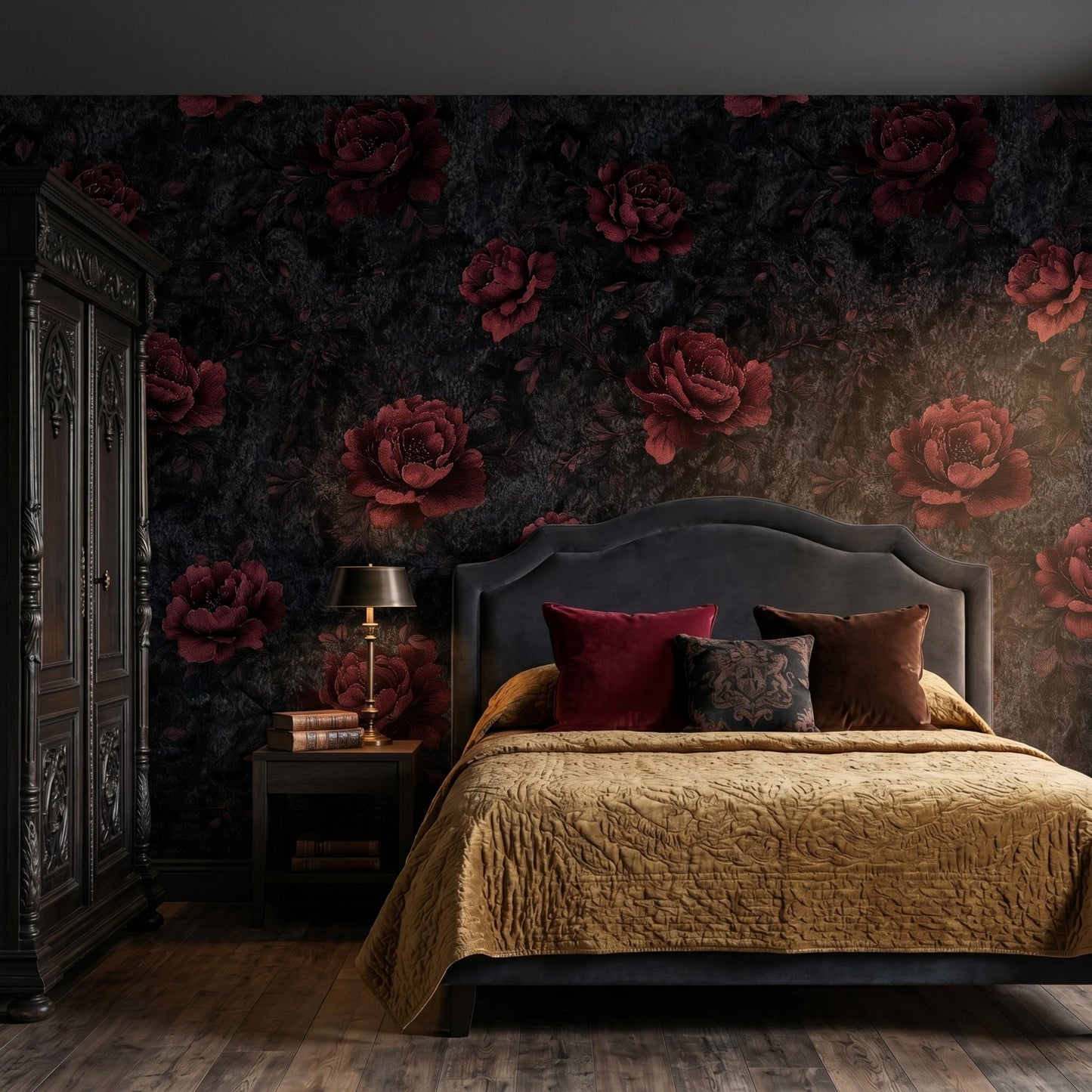 Dark Floral Wallpaper Peel and Stick Moody Burgundy Rose Wall Mural Gothic Black and Red Flower Wallpaper Dark Botanical Wall Decor-WP0094