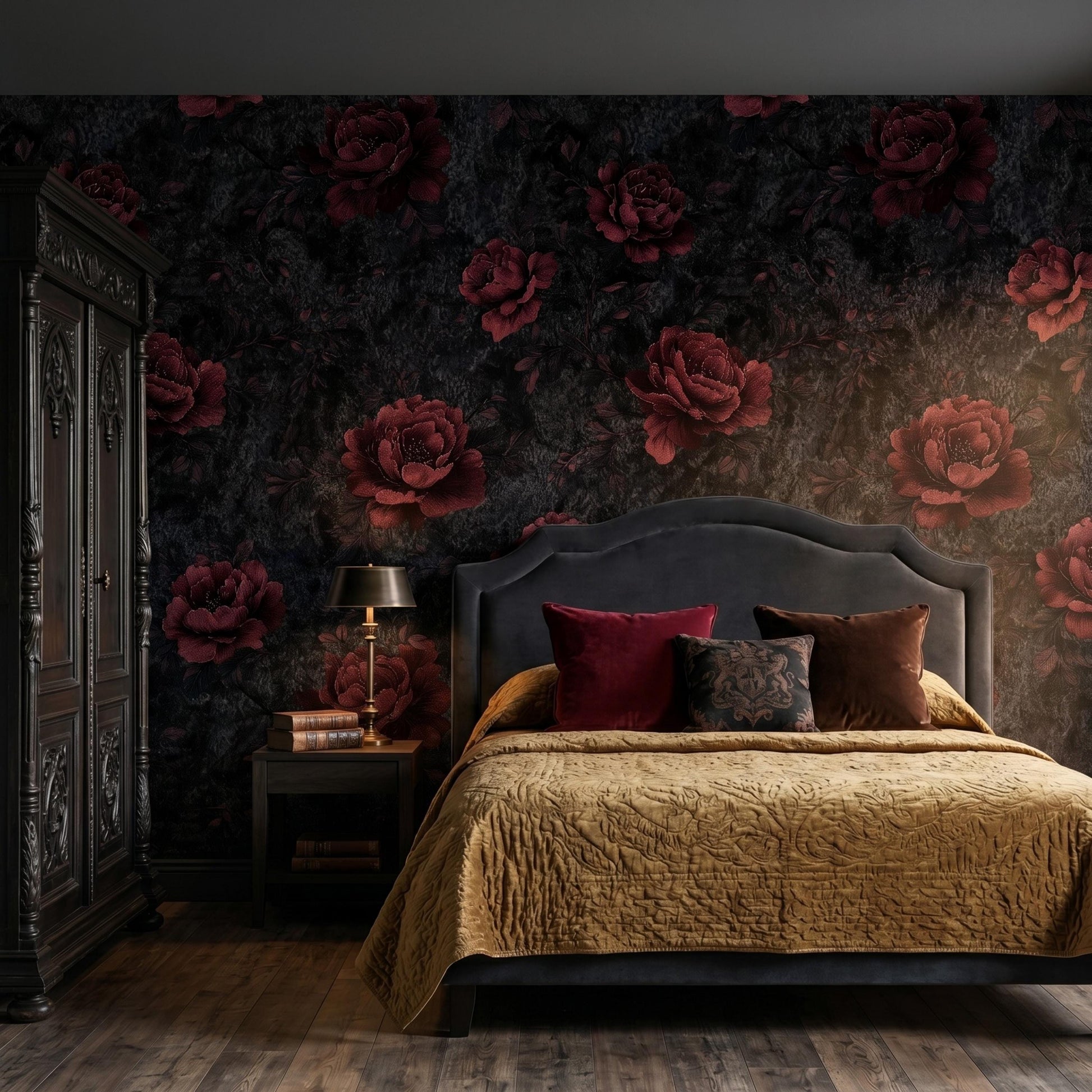 Dark Floral Wallpaper Peel and Stick Moody Burgundy Rose Wall Mural Gothic Black and Red Flower Wallpaper Dark Botanical Wall Decor-WP0094