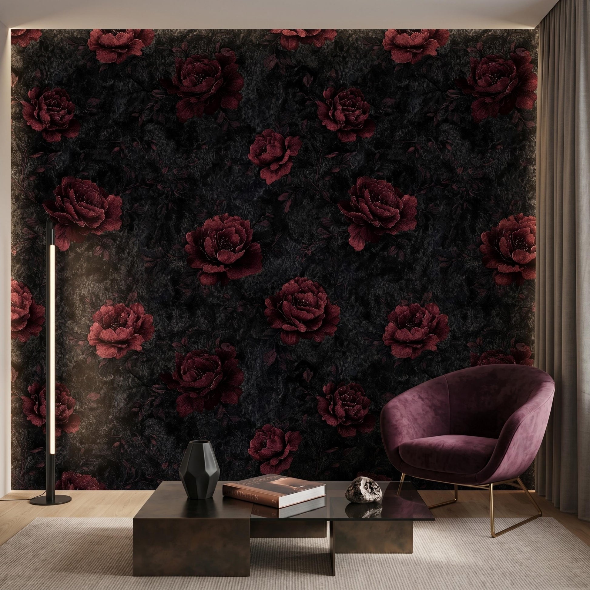 Dark Floral Wallpaper Peel and Stick Moody Burgundy Rose Wall Mural Gothic Black and Red Flower Wallpaper Dark Botanical Wall Decor-WP0094