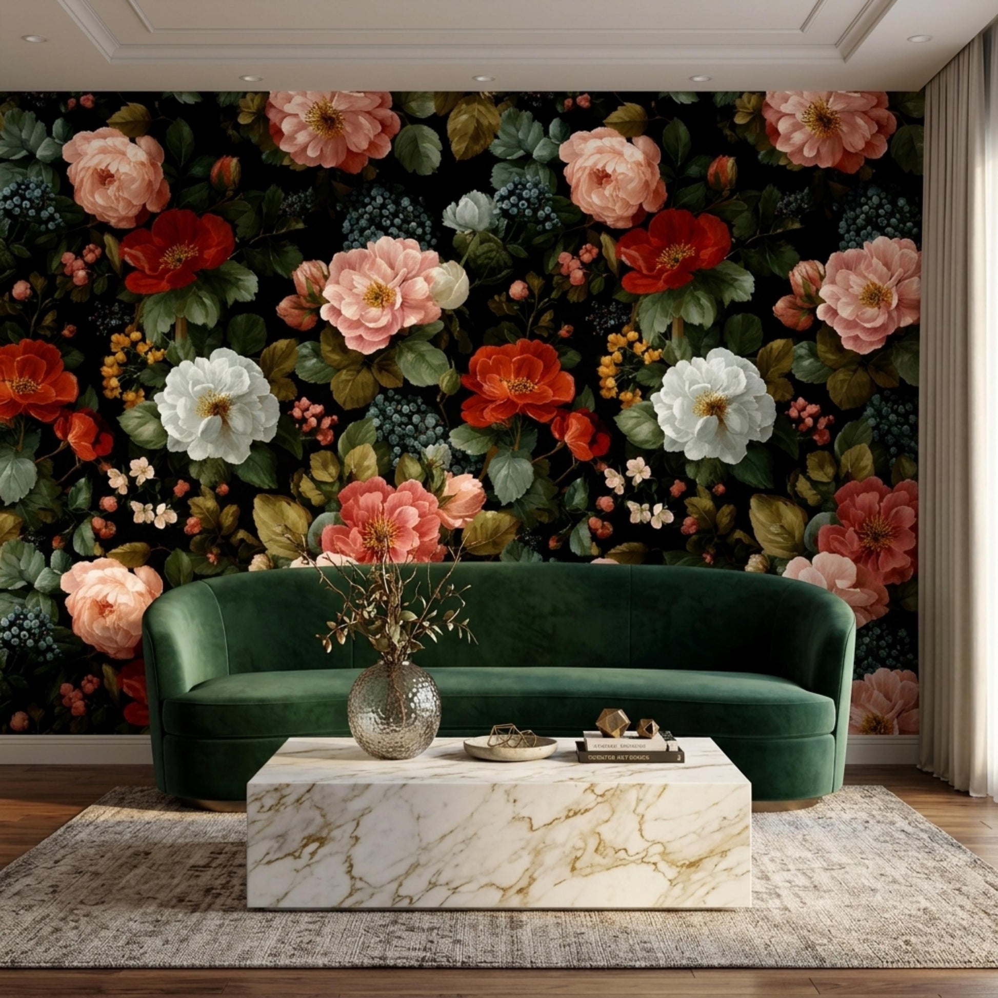 Vintage Floral Wallpaper Peel and Stick, Dark Moody Flower Wall Mural, Victorian Gothic Decor, Removable Botanical Wallpaper Living-WP0095