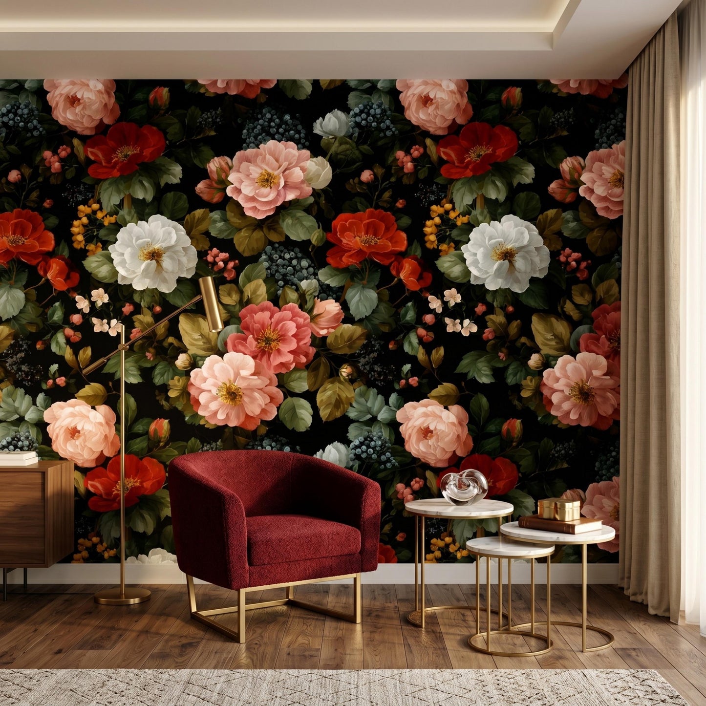 Vintage Floral Wallpaper Peel and Stick, Dark Moody Flower Wall Mural, Victorian Gothic Decor, Removable Botanical Wallpaper Living-WP0095