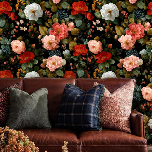 Vintage Floral Wallpaper Peel and Stick, Dark Moody Flower Wall Mural, Victorian Gothic Decor, Removable Botanical Wallpaper Living-WP0095
