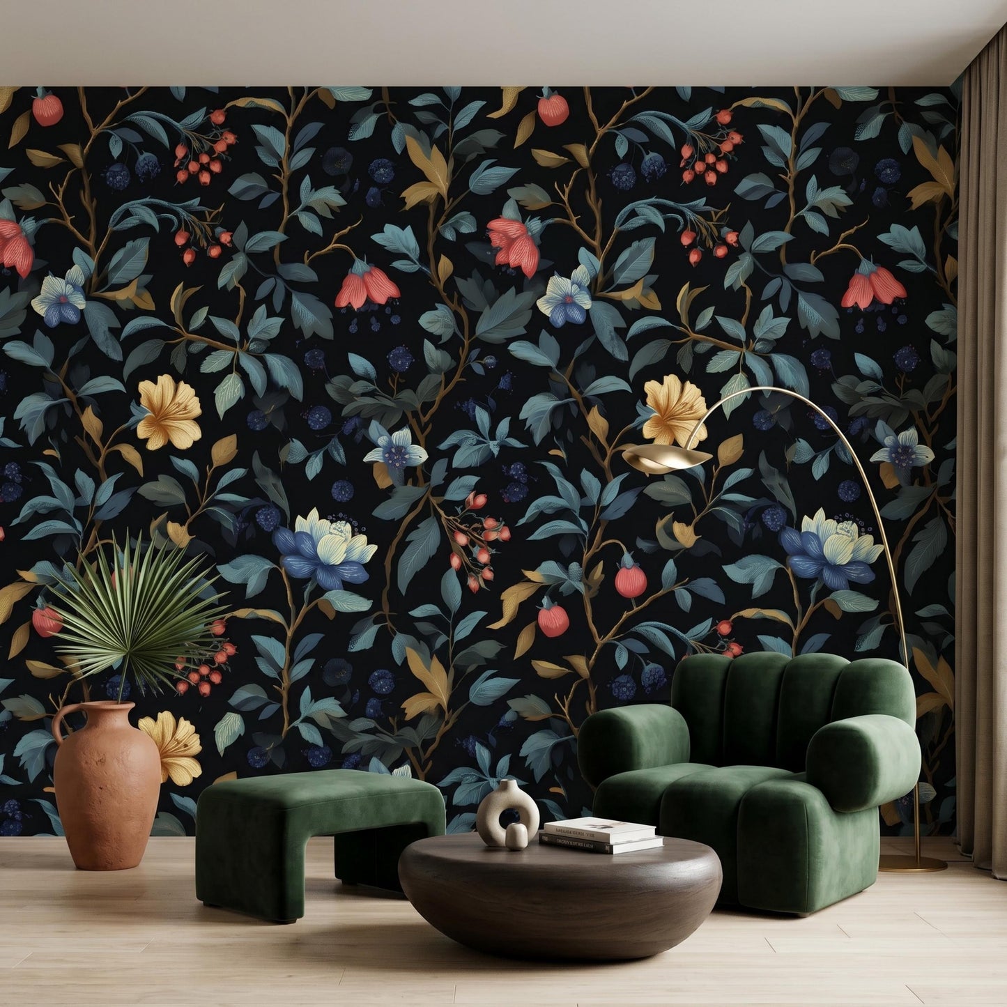 Moody Flower Pattern Wallpaper, Dark Botanical Removable Mural, Gothic Floral Peel and Stick, Vintage Dark Living Room Decor-WP0096
